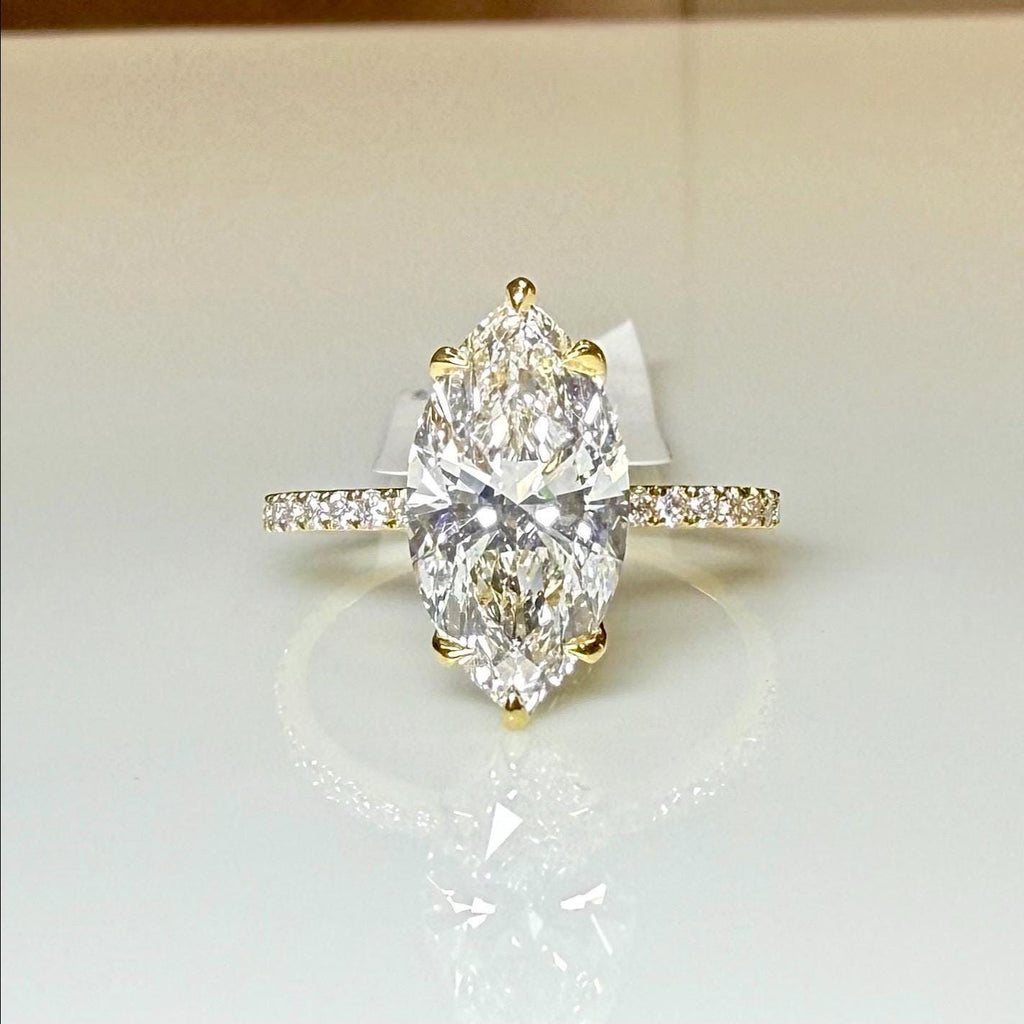 4.60CTW Marquise Lab Grown Diamond Engagement Ring | Hidden Halo Pave Band 14K Gold