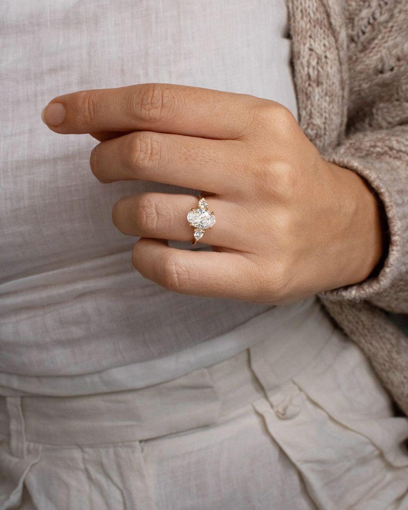 3.50CTW Oval Pear Lab Grown Diamond Three Stone Ring | 14K Solid Gold, IGI Certified