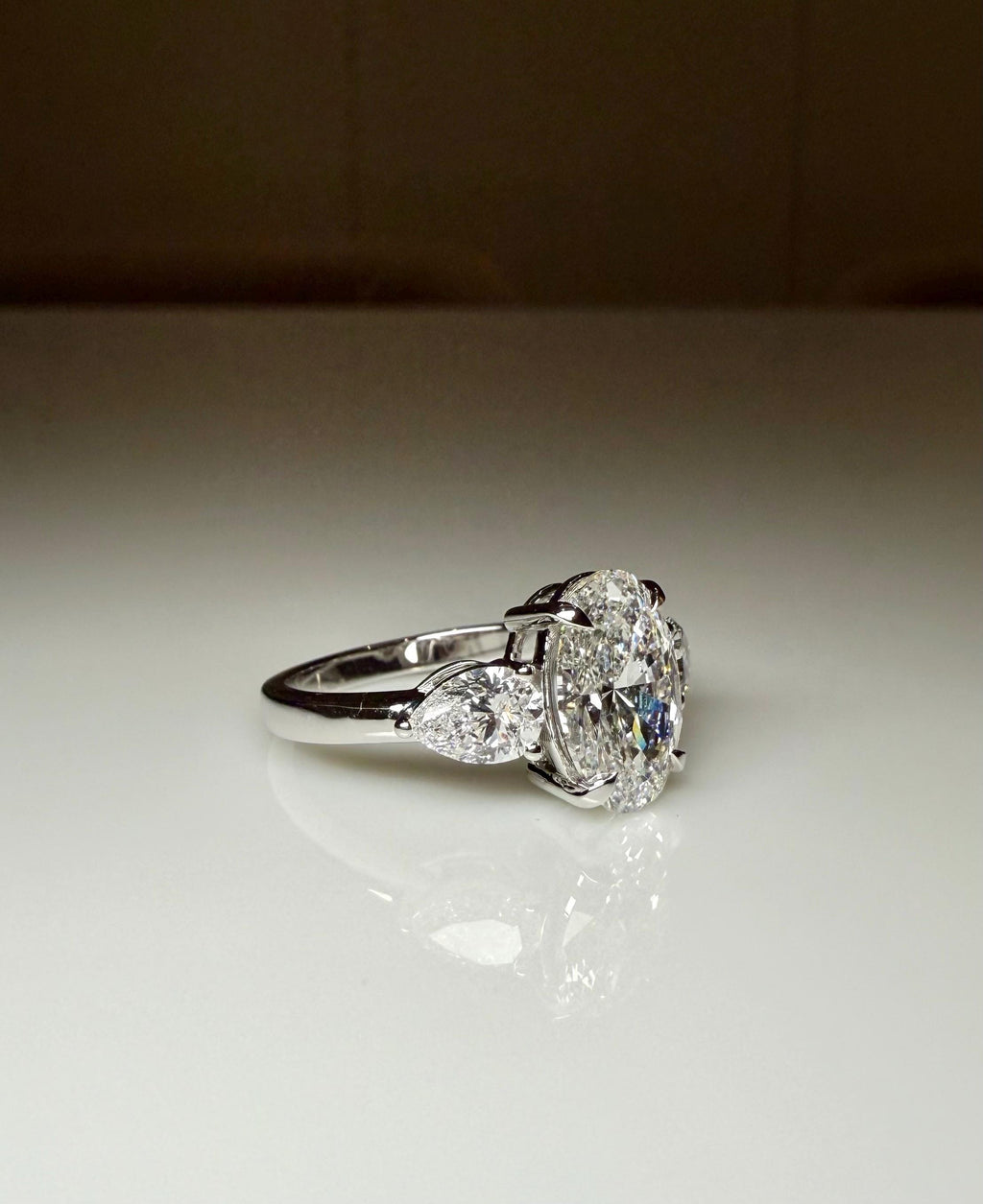 Oval Lab Grown Diamond Engagement Ring | 14K Gold Three Stone Ring with Pear Accents