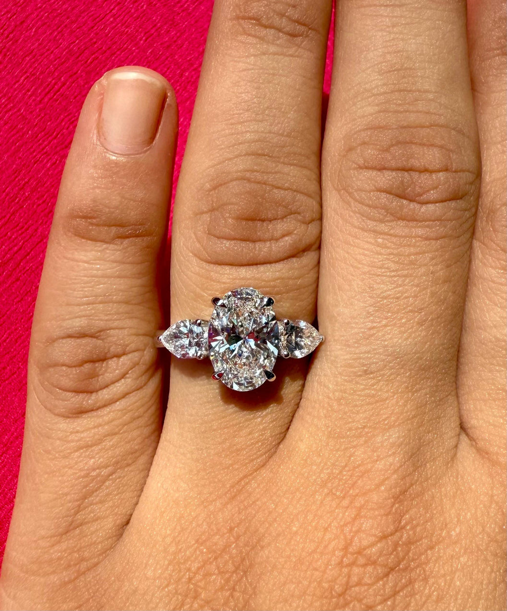 Oval Lab Grown Diamond Engagement Ring | 14K Gold Three Stone Ring with Pear Accents