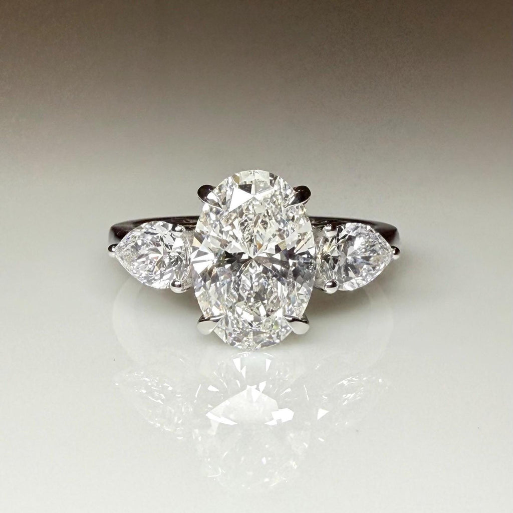 Oval Lab Grown Diamond Engagement Ring | 14K Gold Three Stone Ring with Pear Accents