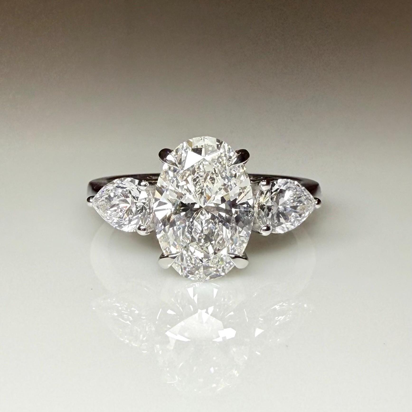 Oval Lab Grown Diamond Engagement Ring | 14K Gold Three Stone Ring with Pear Accents