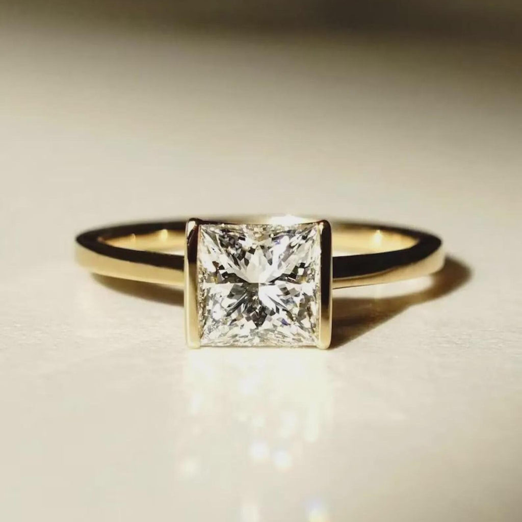 1.5CT Princess Cut Lab Diamond Engagement Ring | 14K Gold Half Bezel Solitaire | IGI Certified