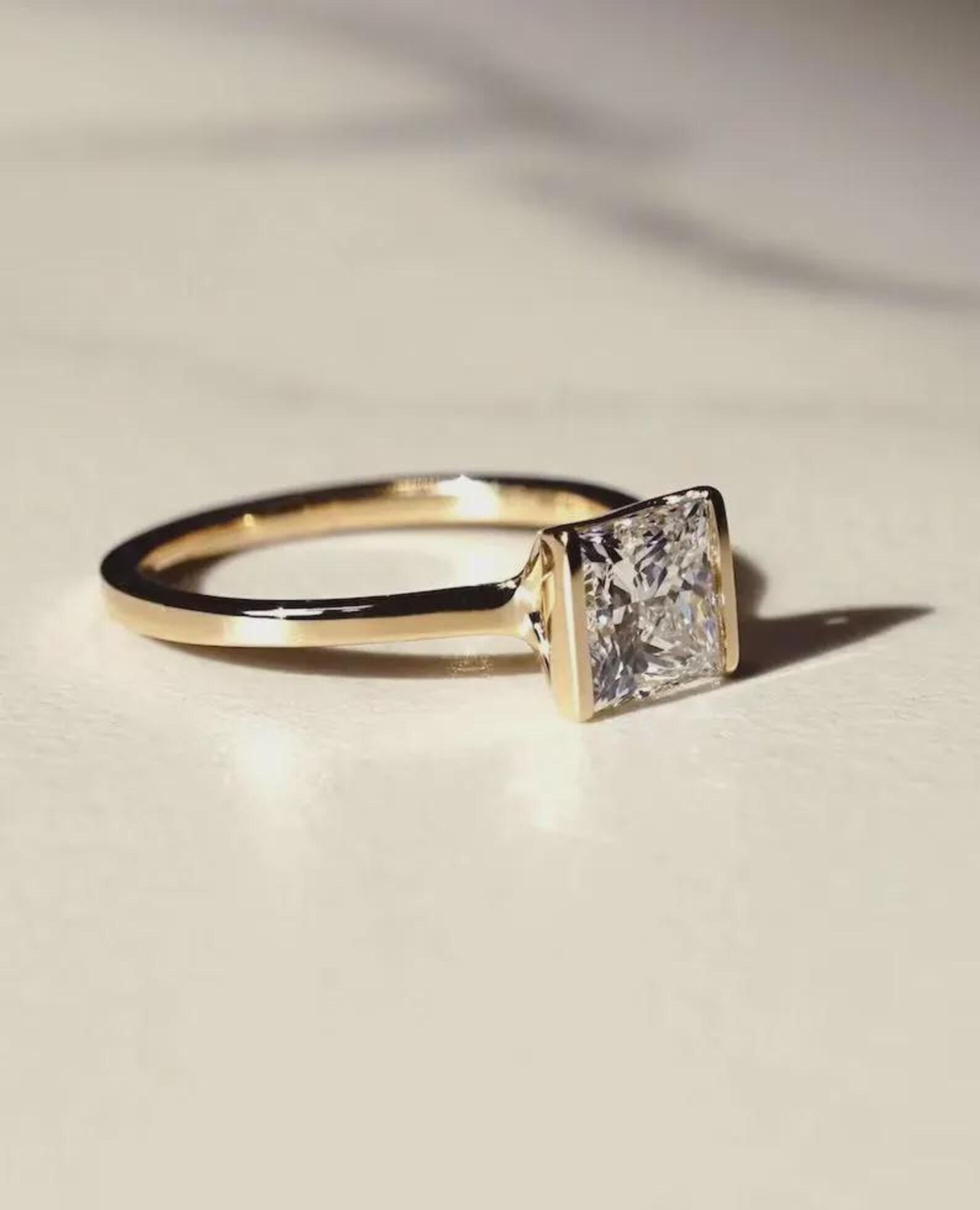 1.5CT Princess Cut Lab Diamond Engagement Ring | 14K Gold Half Bezel Solitaire | IGI Certified
