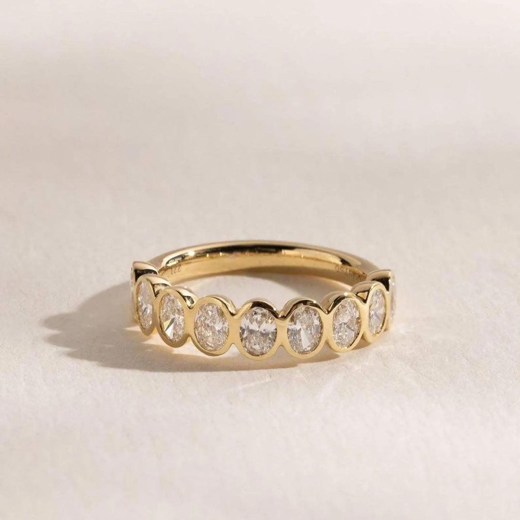 1.35CTW Oval Lab Grown Diamond Wedding Band | 9 Stone Bezel Set Gold Anniversary Ring