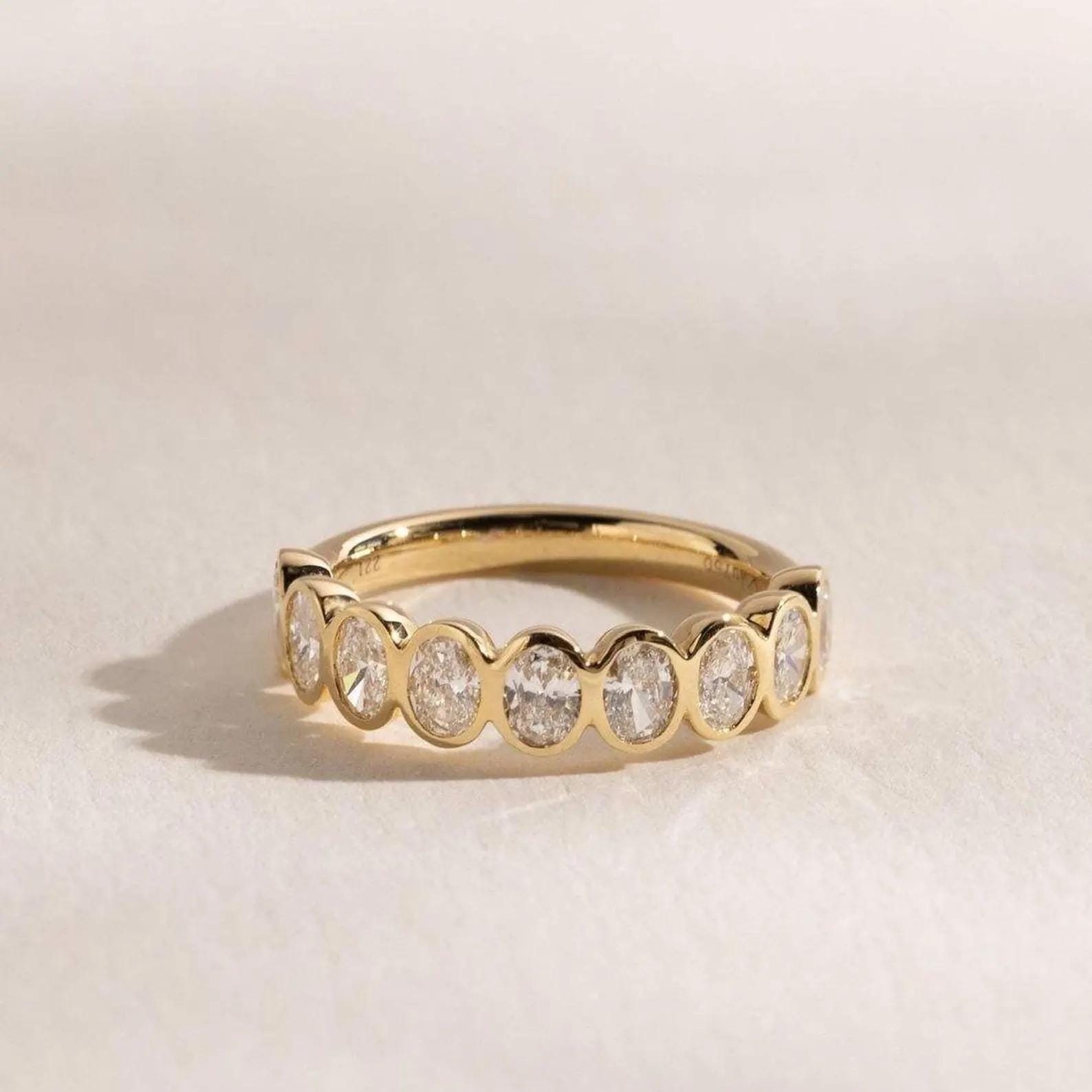 1.35CTW Oval Lab Grown Diamond Wedding Band | 9 Stone Bezel Set Gold Anniversary Ring