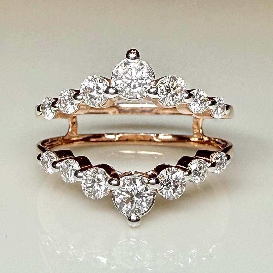 14K Solid Gold Double Wedding Band Enhancer Ring | Lab Grown Diamonds, V Style Guard