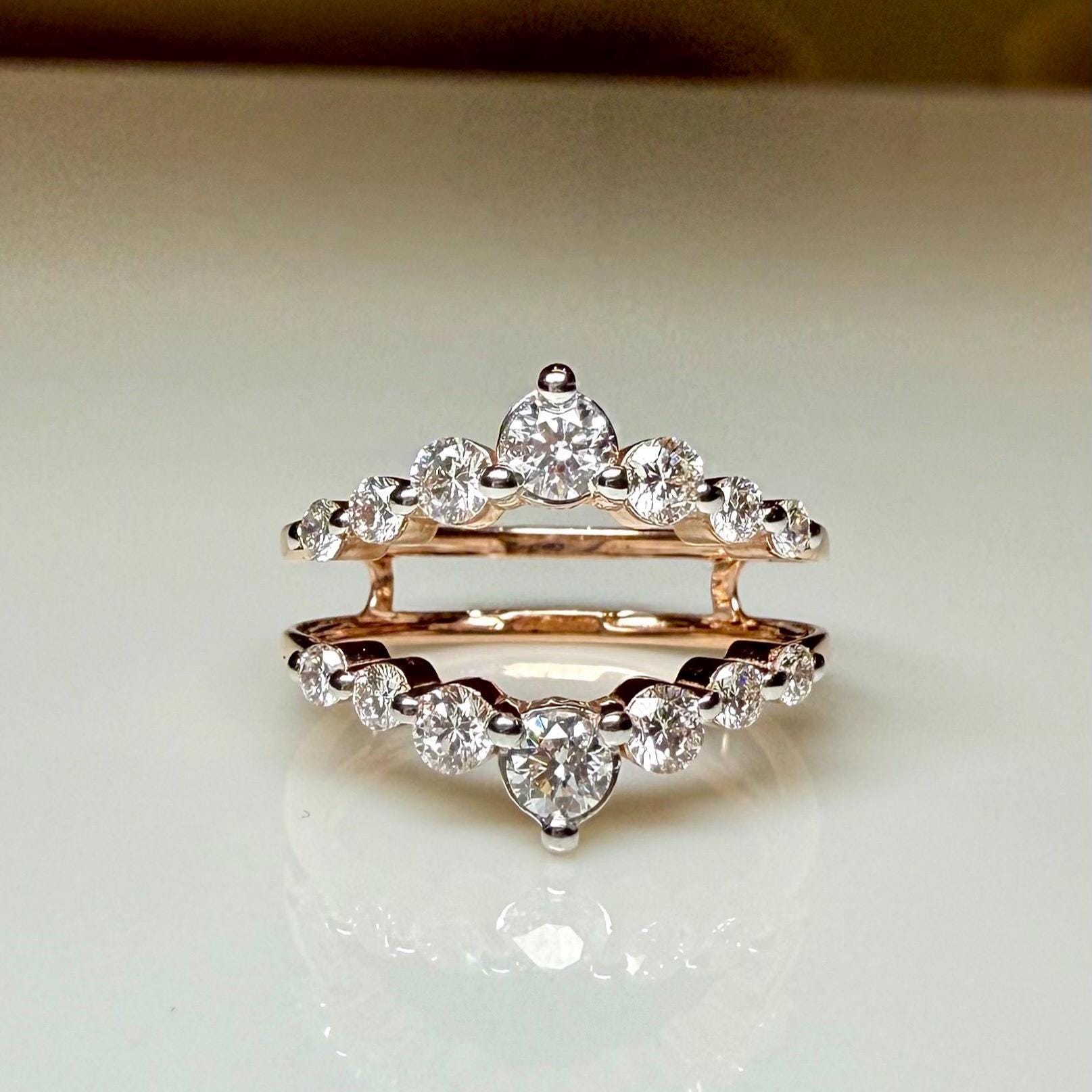 14K Solid Gold Double Wedding Band Enhancer Ring | Lab Grown Diamonds, V Style Guard