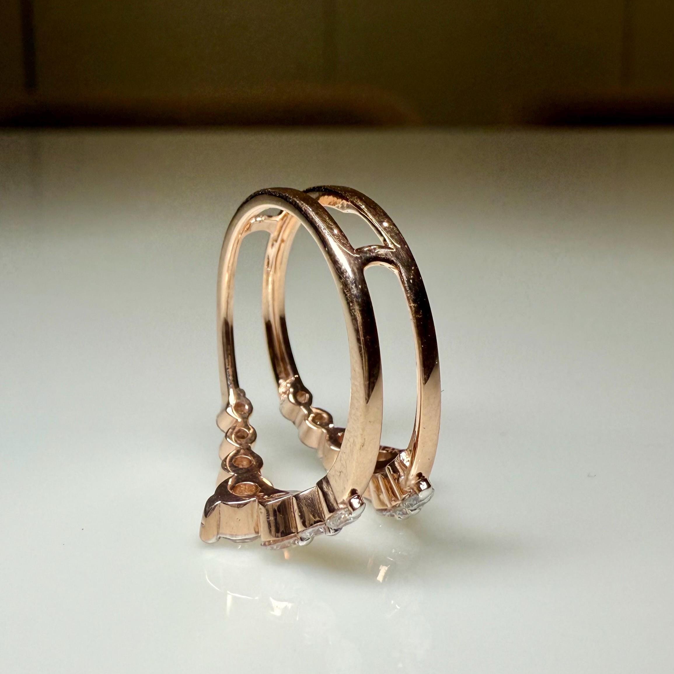 14K Solid Gold Double Wedding Band Enhancer Ring | Lab Grown Diamonds, V Style Guard