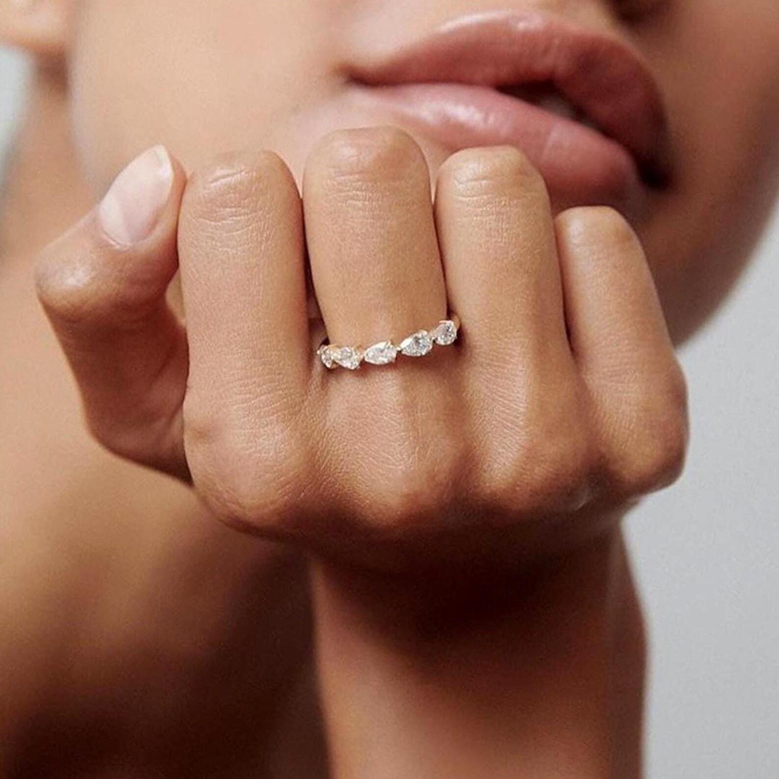 Pear Cut Lab Grown Diamond Half Eternity Ring | 14K Gold Wedding Band