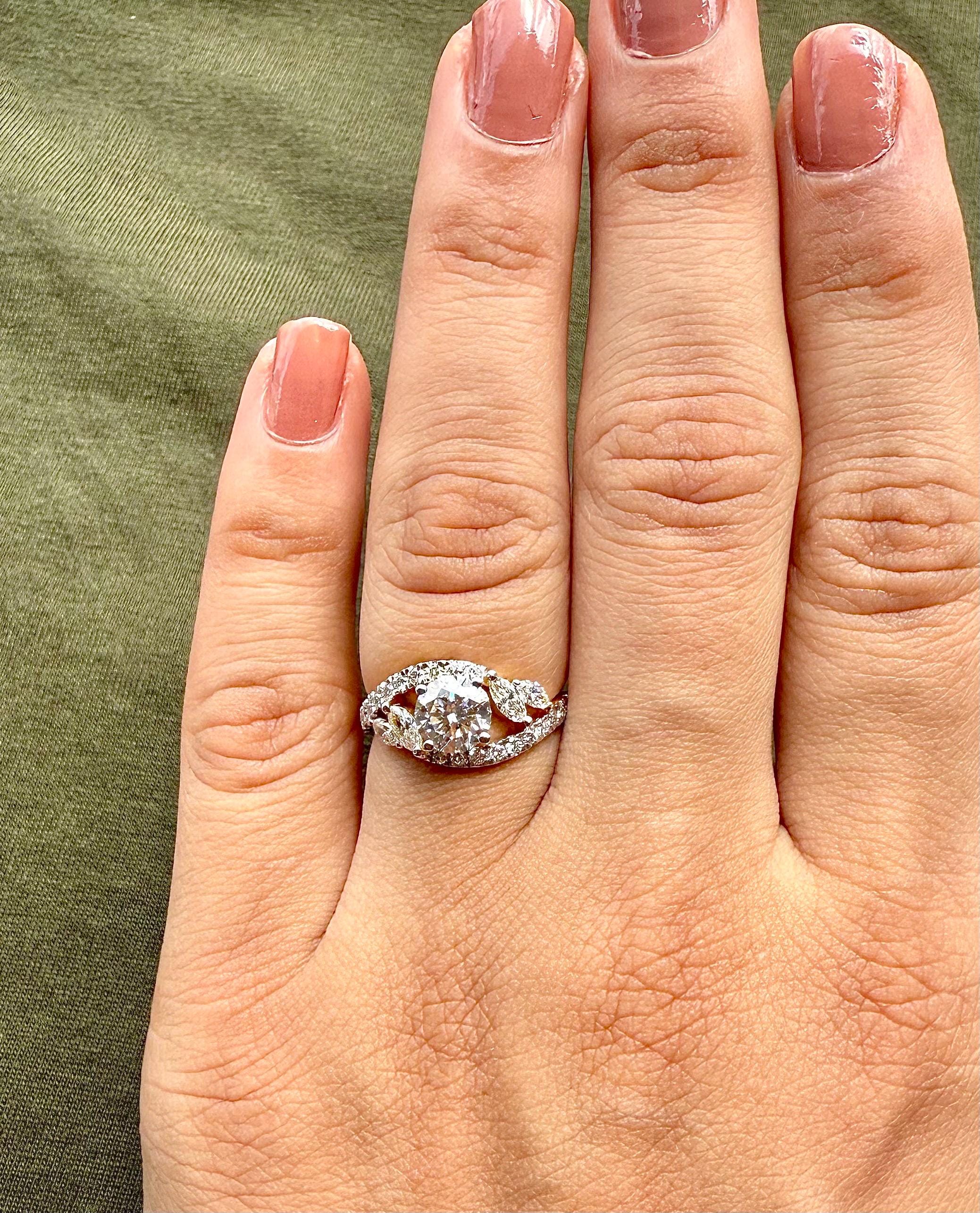 1.60CTW Lab Grown Diamond Engagement Ring | Round Center, Marquise Side Stones | 14K Gold