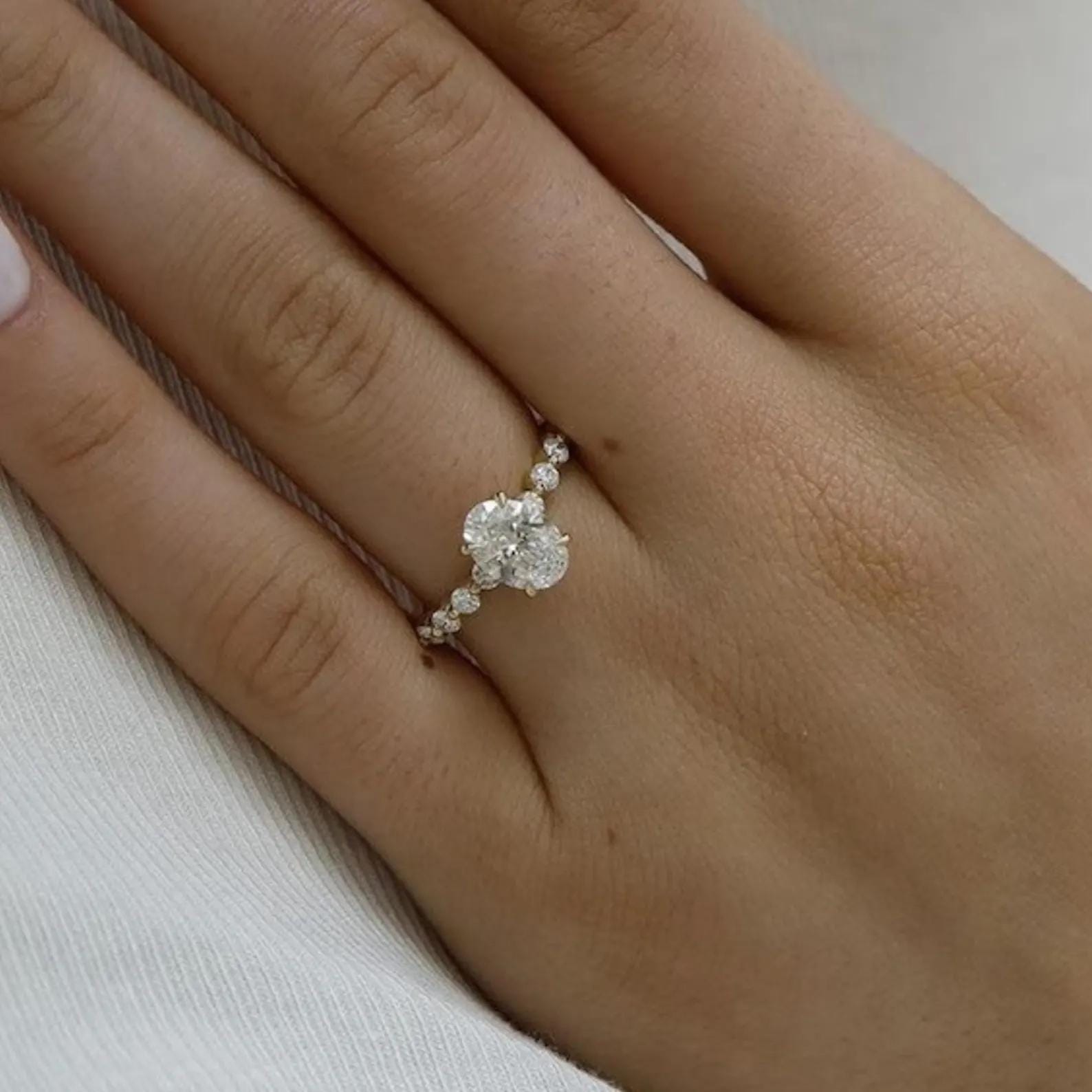 1.50CTW Oval Lab Grown Diamond Engagement Ring | IGI Certified Center | 14K Gold Beaded Band