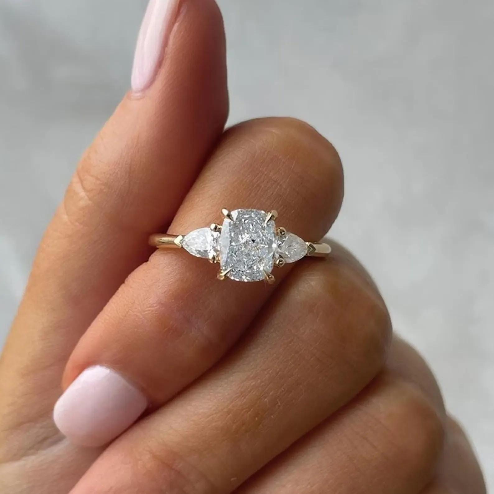 Elongated Cushion Lab Diamond Engagement Ring | Three Stone 14K Gold (2.50 CTW)