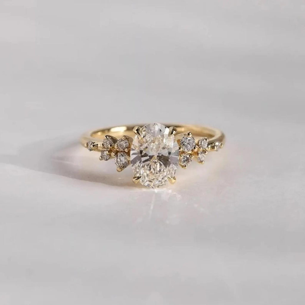 Oval Lab Grown Diamond Engagement Ring | Floral Side Stones | 14K Gold | IGI Certified