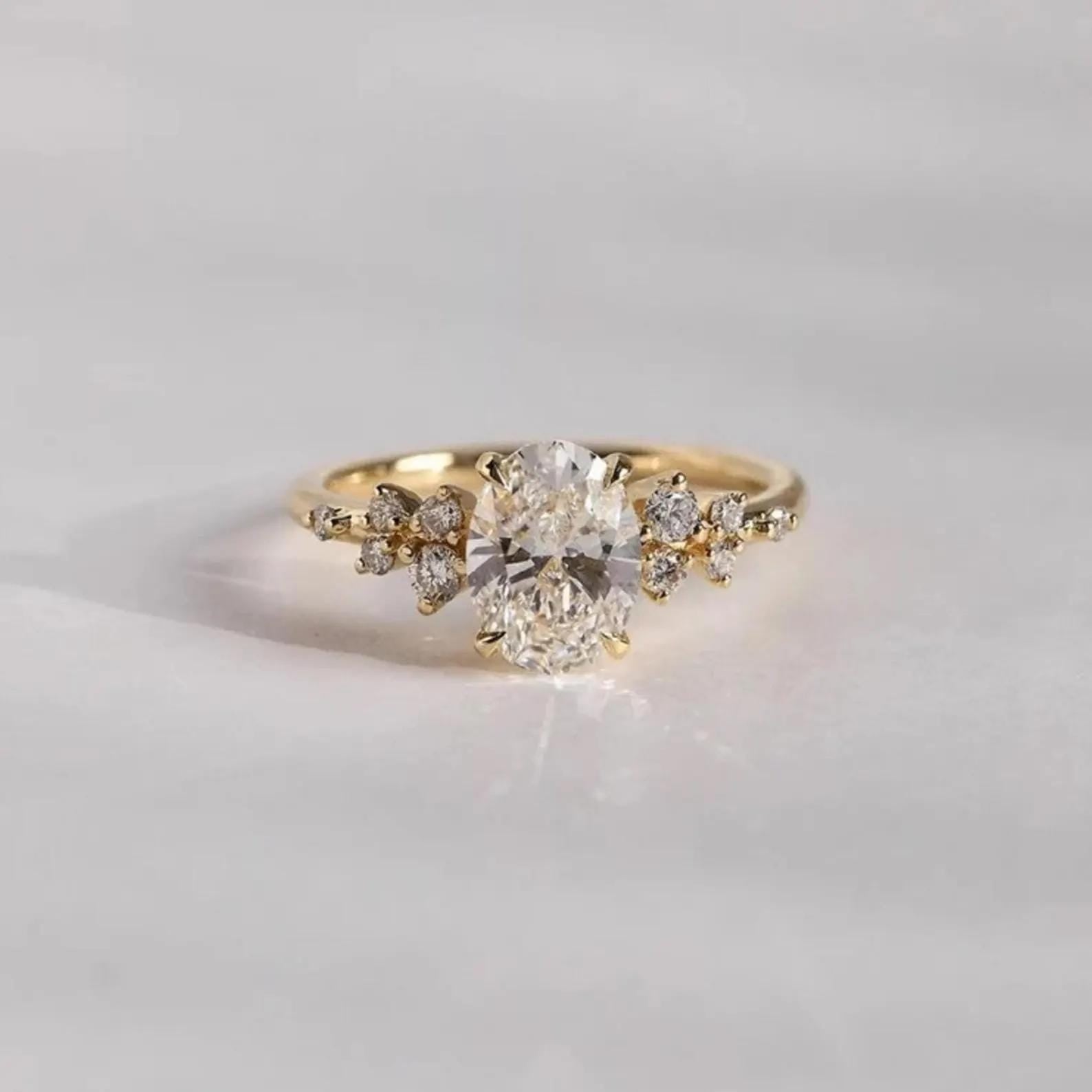 Oval Lab Grown Diamond Engagement Ring | Floral Side Stones | 14K Gold | IGI Certified