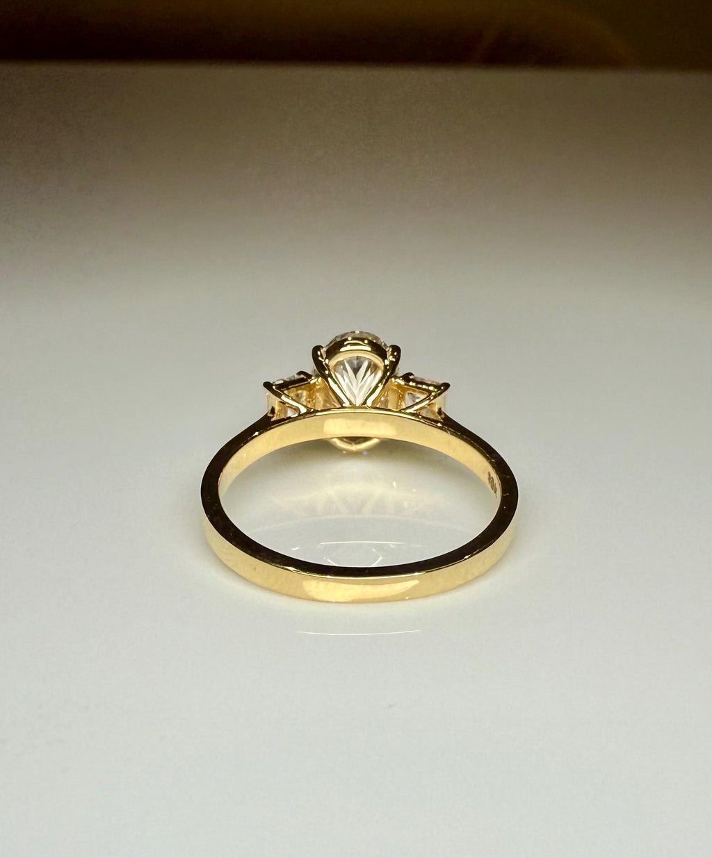 Oval Lab Grown Diamond Engagement Ring: 14K Gold Three Stone Emerald Accents