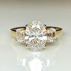 Oval Lab Grown Diamond Engagement Ring: 14K Gold Three Stone Emerald Accents