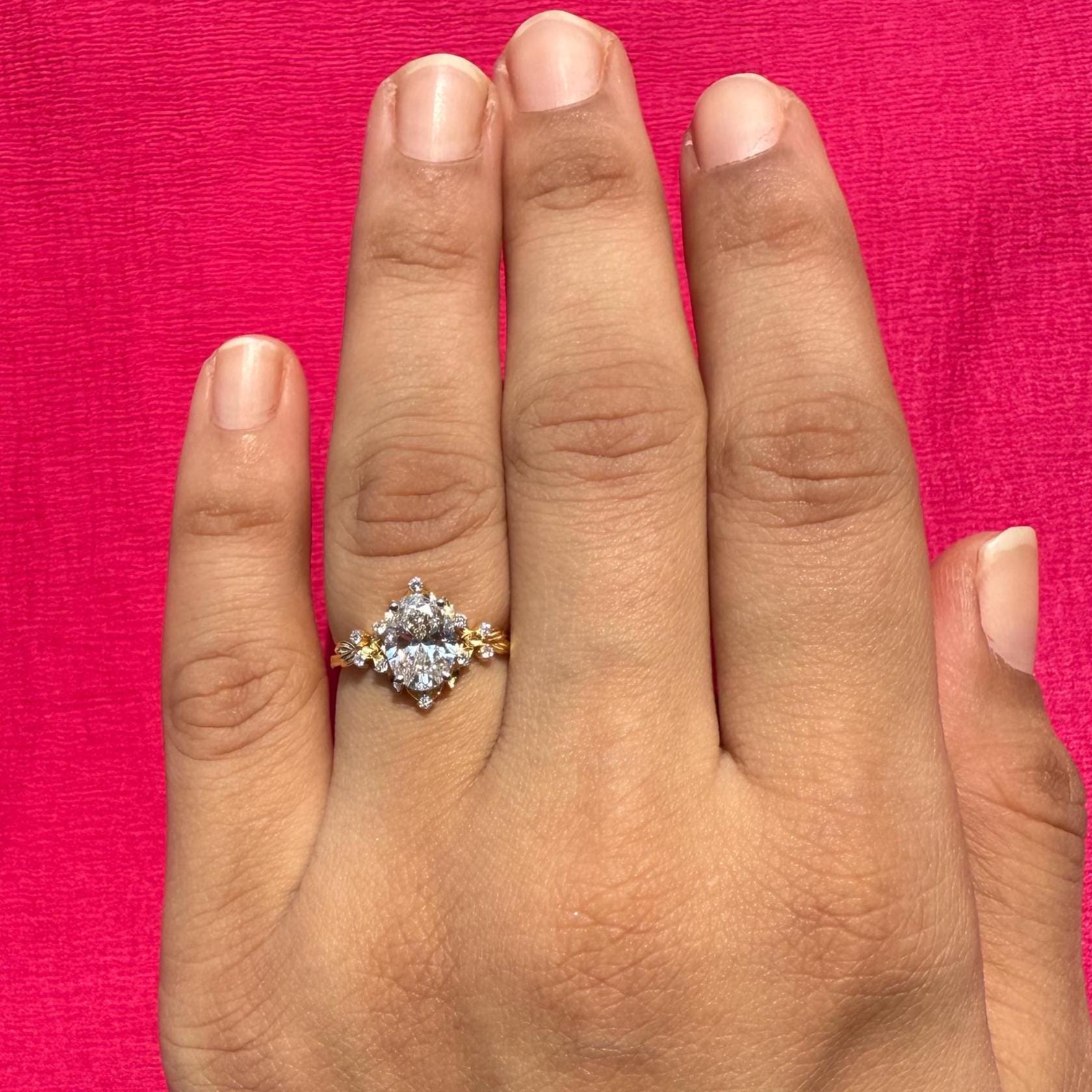 1.50CT Oval Lab Grown Diamond Engagement Ring | 14K Solid Gold Floral Halo, IGI Certified