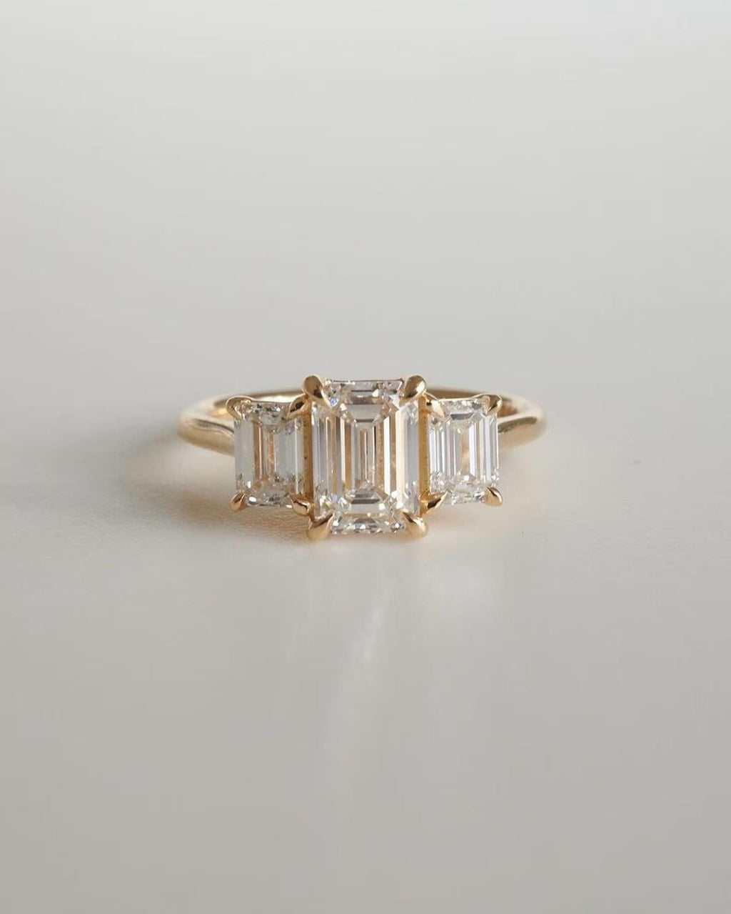 Emerald Cut Lab Grown Diamond Three Stone Ring | 14K Solid Gold, IGI Certified