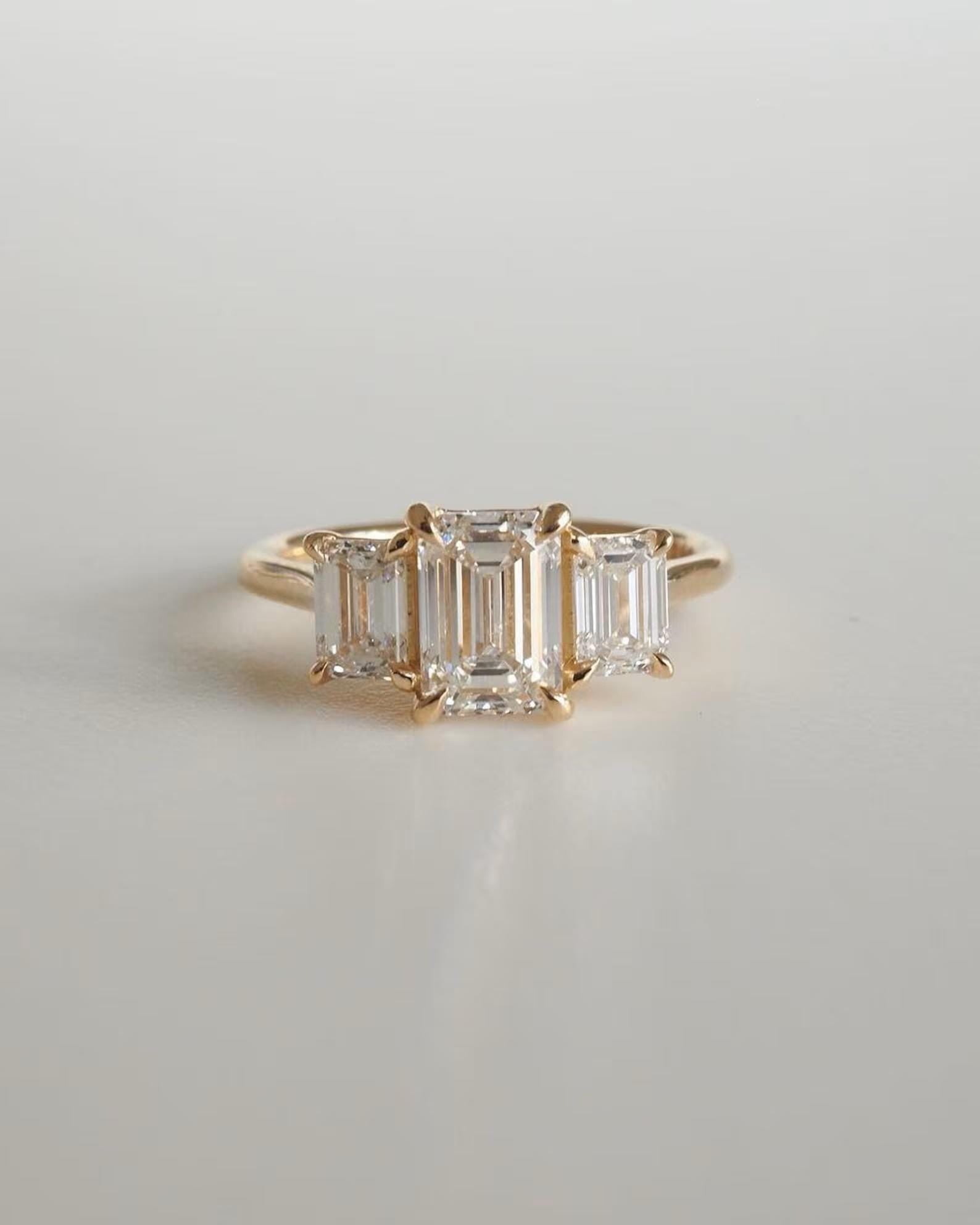 Emerald Cut Lab Grown Diamond Three Stone Ring | 14K Solid Gold, IGI Certified