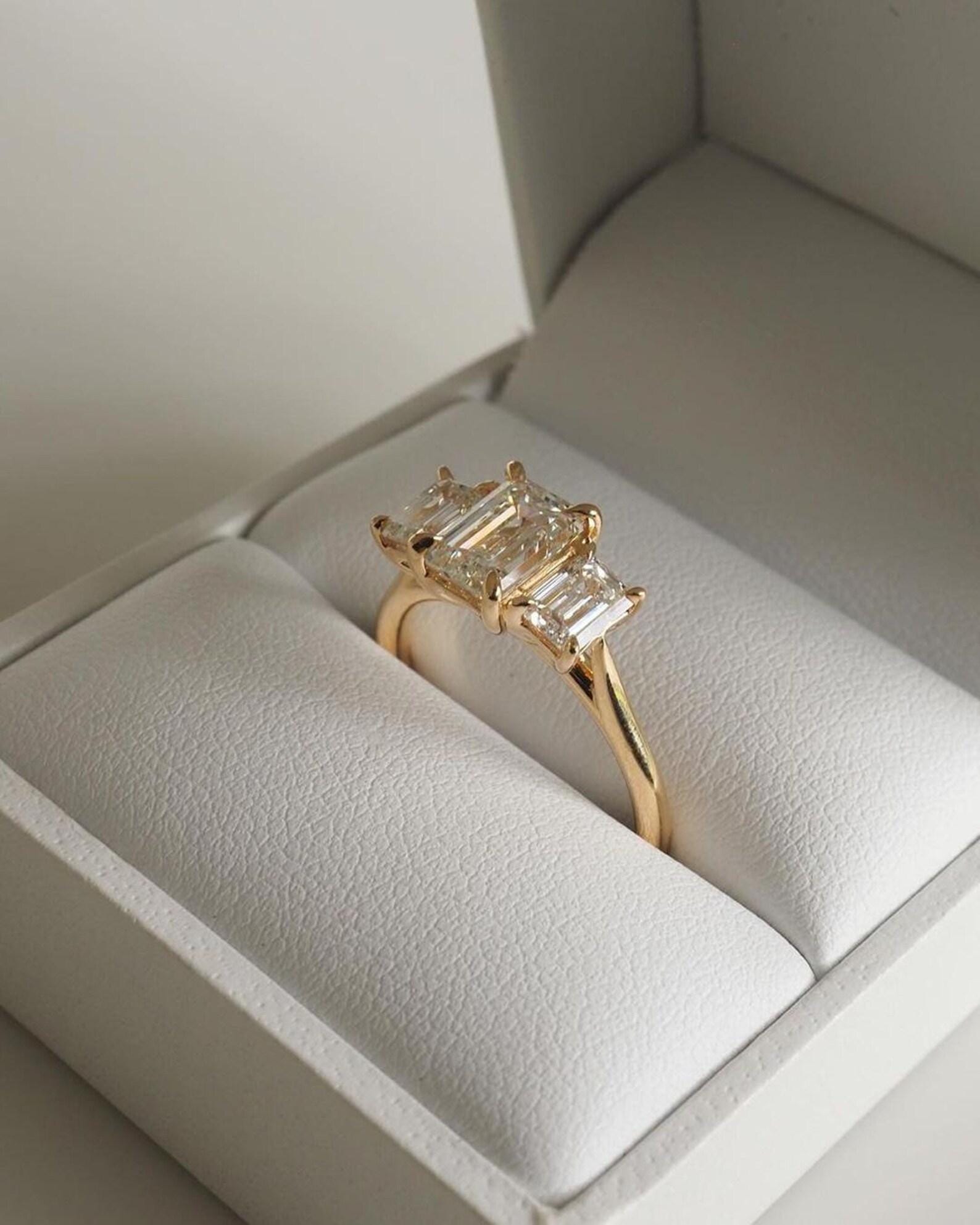 Emerald Cut Lab Grown Diamond Three Stone Ring | 14K Solid Gold, IGI Certified