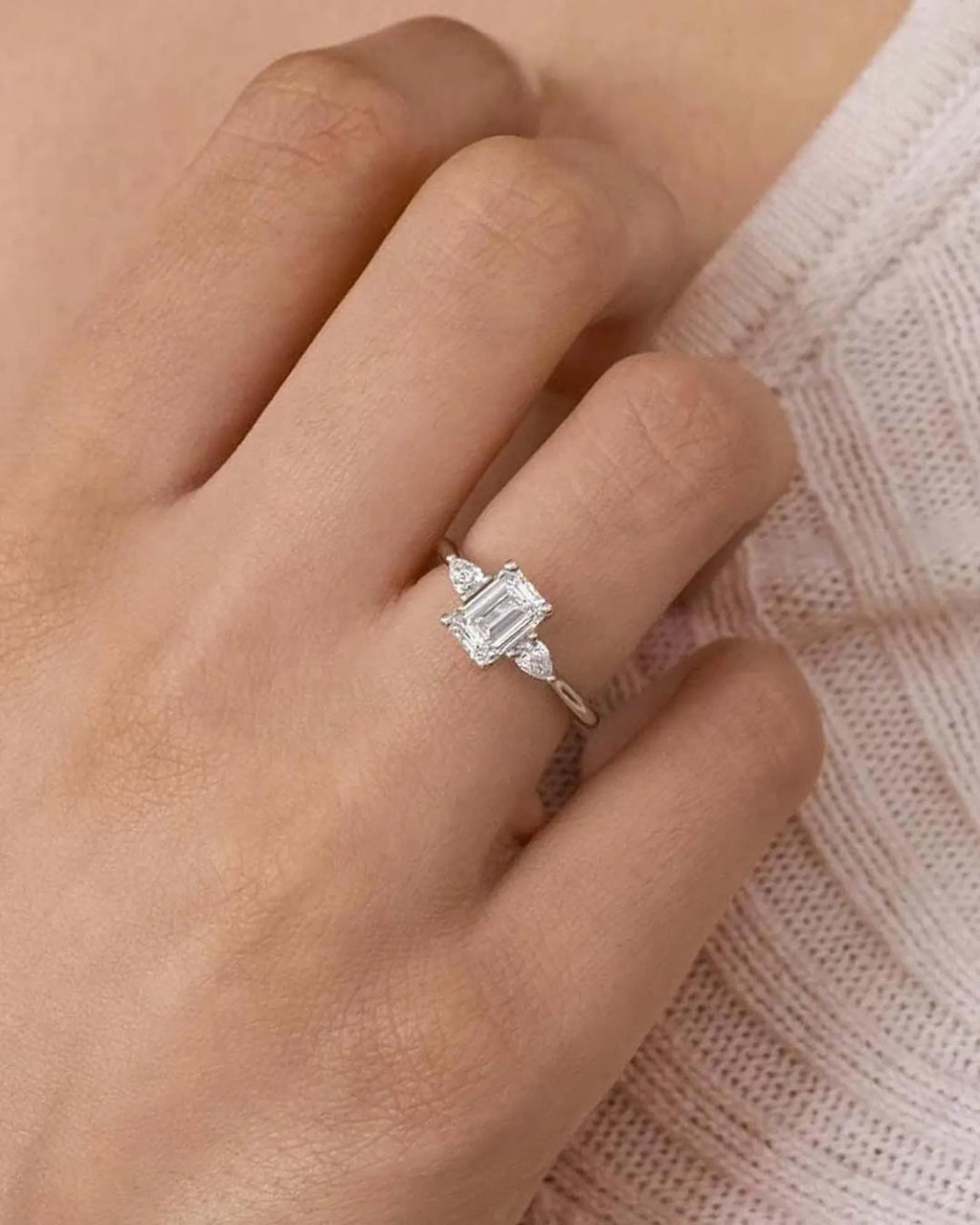 Emerald Cut Lab Diamond Engagement Ring | Pear Side Stones, 14K Gold, IGI Certified