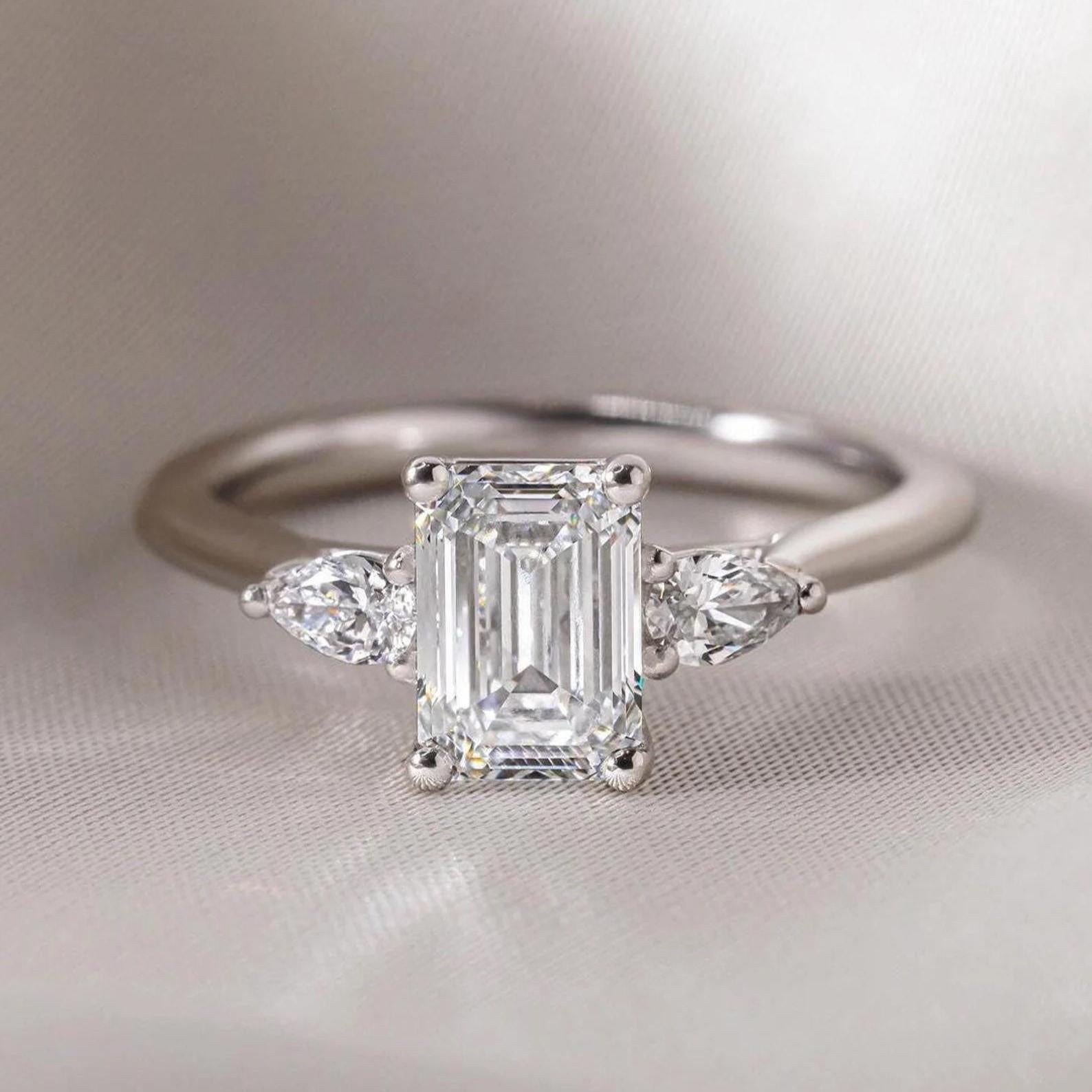 Emerald Cut Lab Diamond Engagement Ring | Pear Side Stones, 14K Gold, IGI Certified