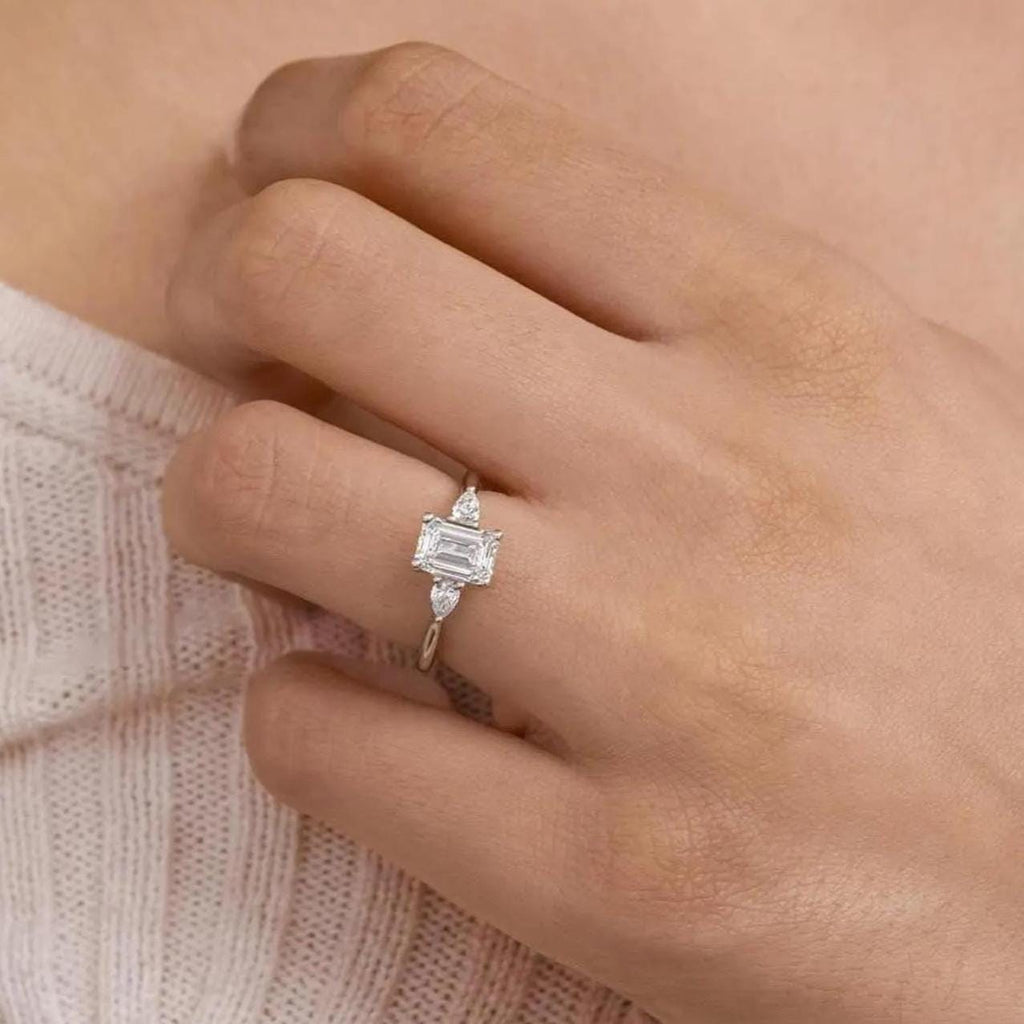 Emerald Cut Lab Diamond Engagement Ring | Pear Side Stones, 14K Gold, IGI Certified