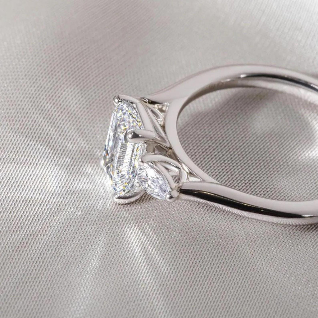 Emerald Cut Lab Diamond Engagement Ring | Pear Side Stones, 14K Gold, IGI Certified