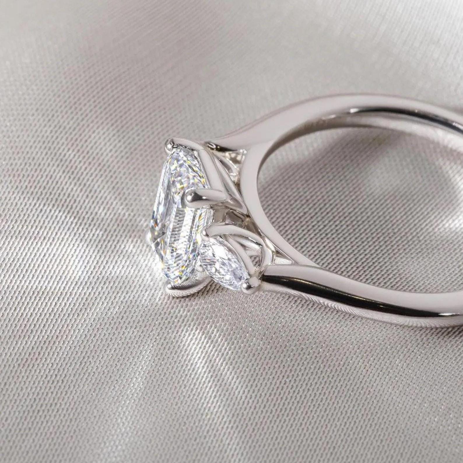 Emerald Cut Lab Diamond Engagement Ring | Pear Side Stones, 14K Gold, IGI Certified