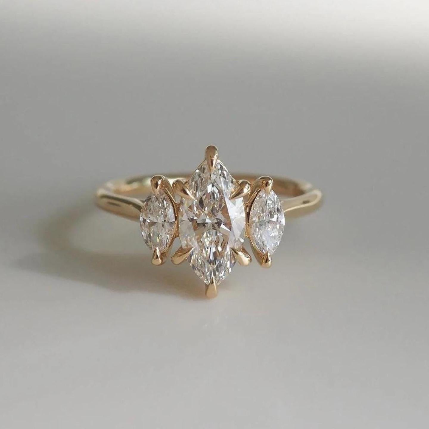 1.70CTW Marquise Lab Grown Diamond Engagement Ring | Three Stone Ring | 14K Solid Gold