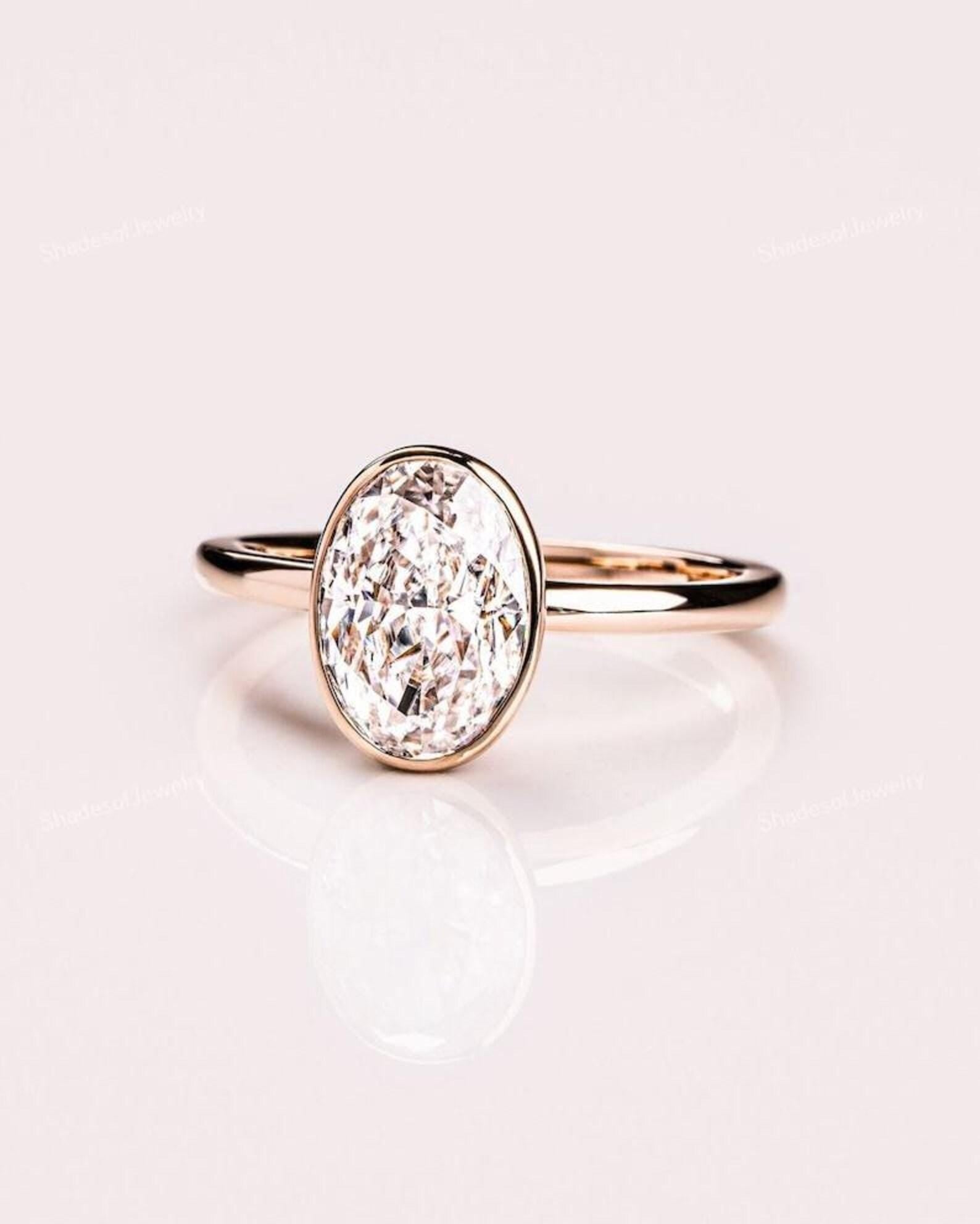3CT Oval Lab Grown Diamond Engagement Ring | 14K Gold Bezel Set Solitaire | IGI Certified