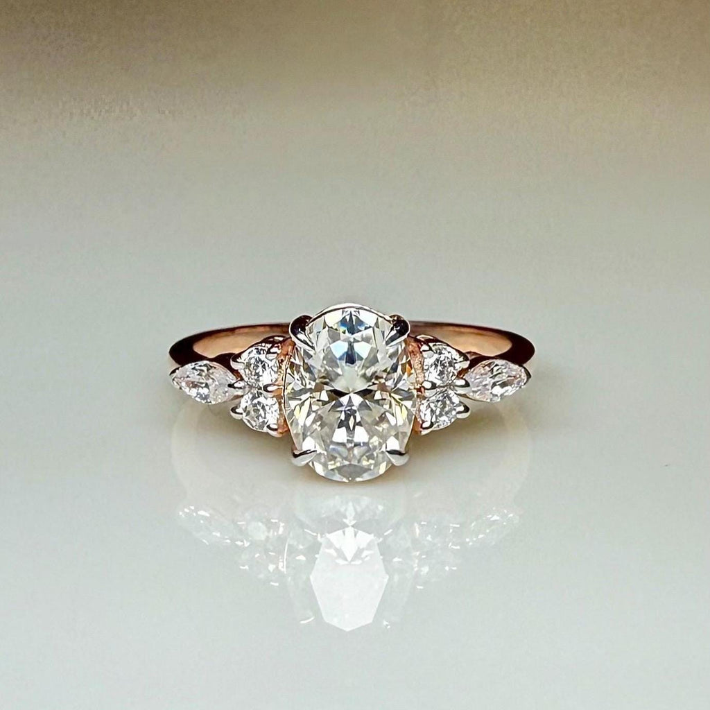 Oval Lab Grown Diamond Engagement Ring | Marquise & Round Side Stones | 14K Solid Gold