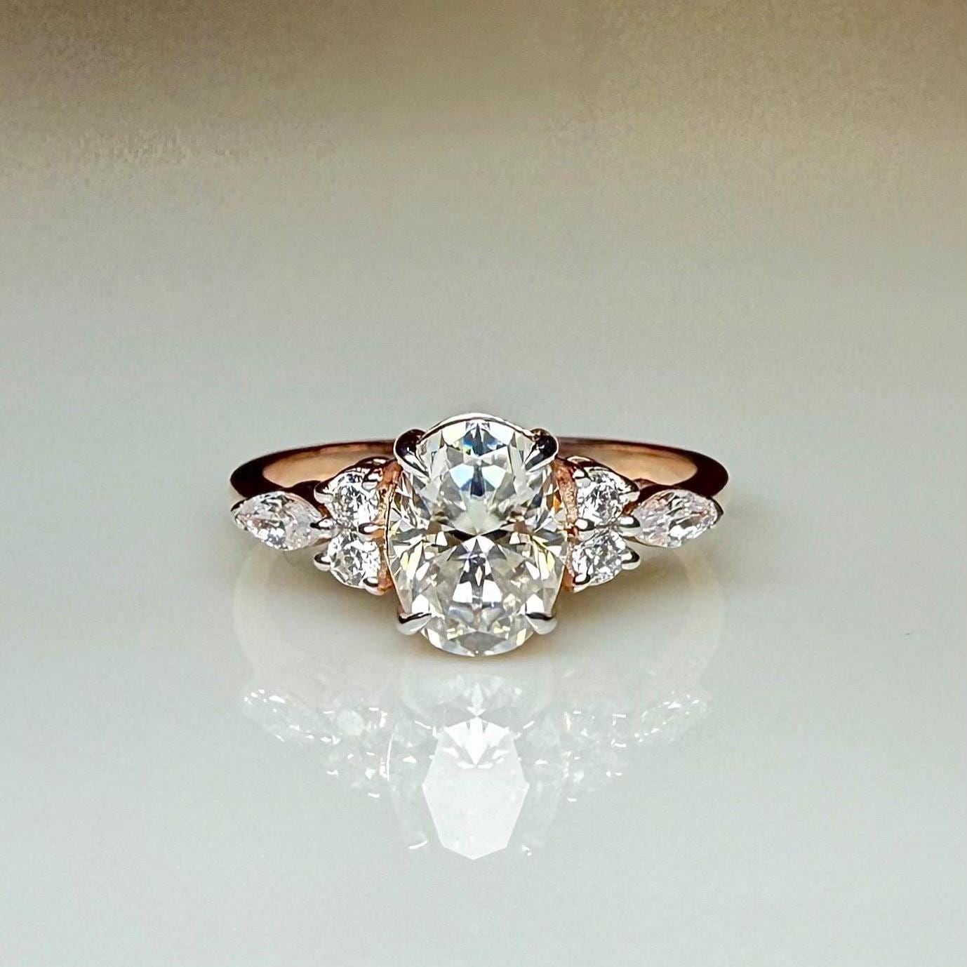 Oval Lab Grown Diamond Engagement Ring | Marquise & Round Side Stones | 14K Solid Gold