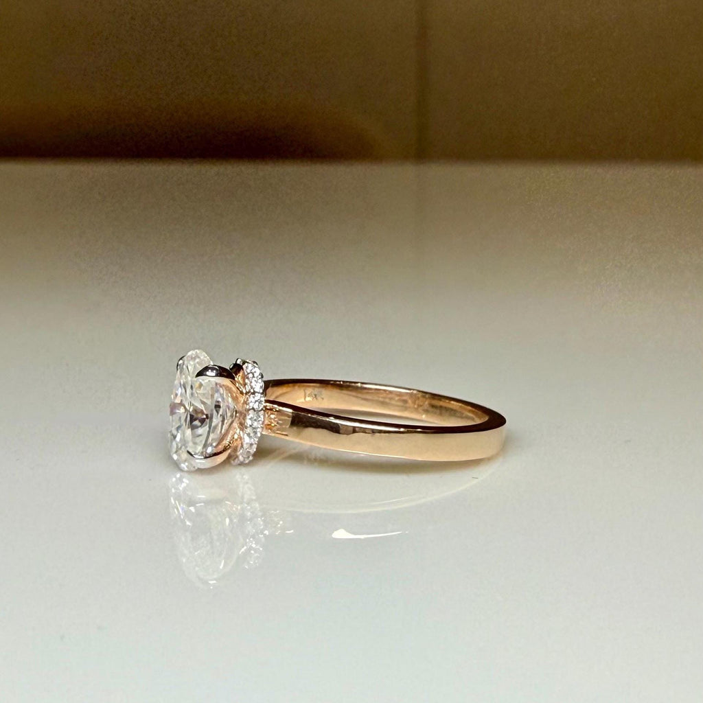 1CT Oval Lab Grown Diamond Engagement Ring | 14K Solid Gold Solitaire Hidden Halo