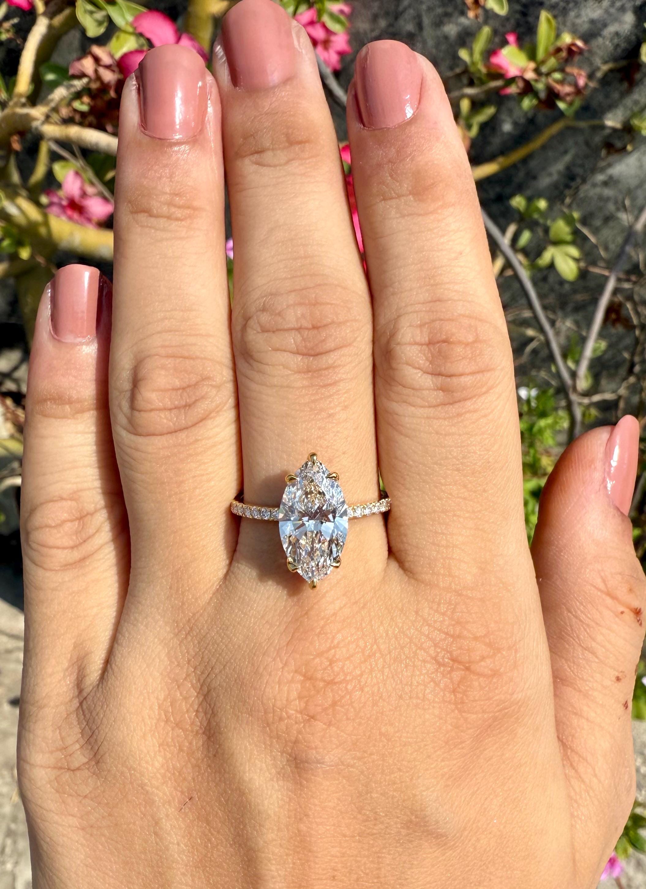 4.60CTW Marquise Lab Grown Diamond Engagement Ring | Hidden Halo Pave Band 14K Gold