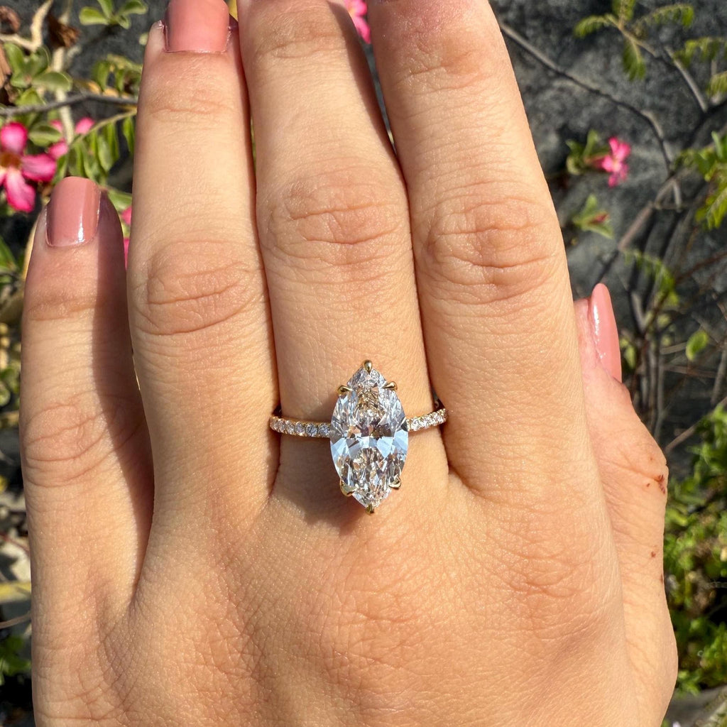 4.60CTW Marquise Lab Grown Diamond Engagement Ring | Hidden Halo Pave Band 14K Gold