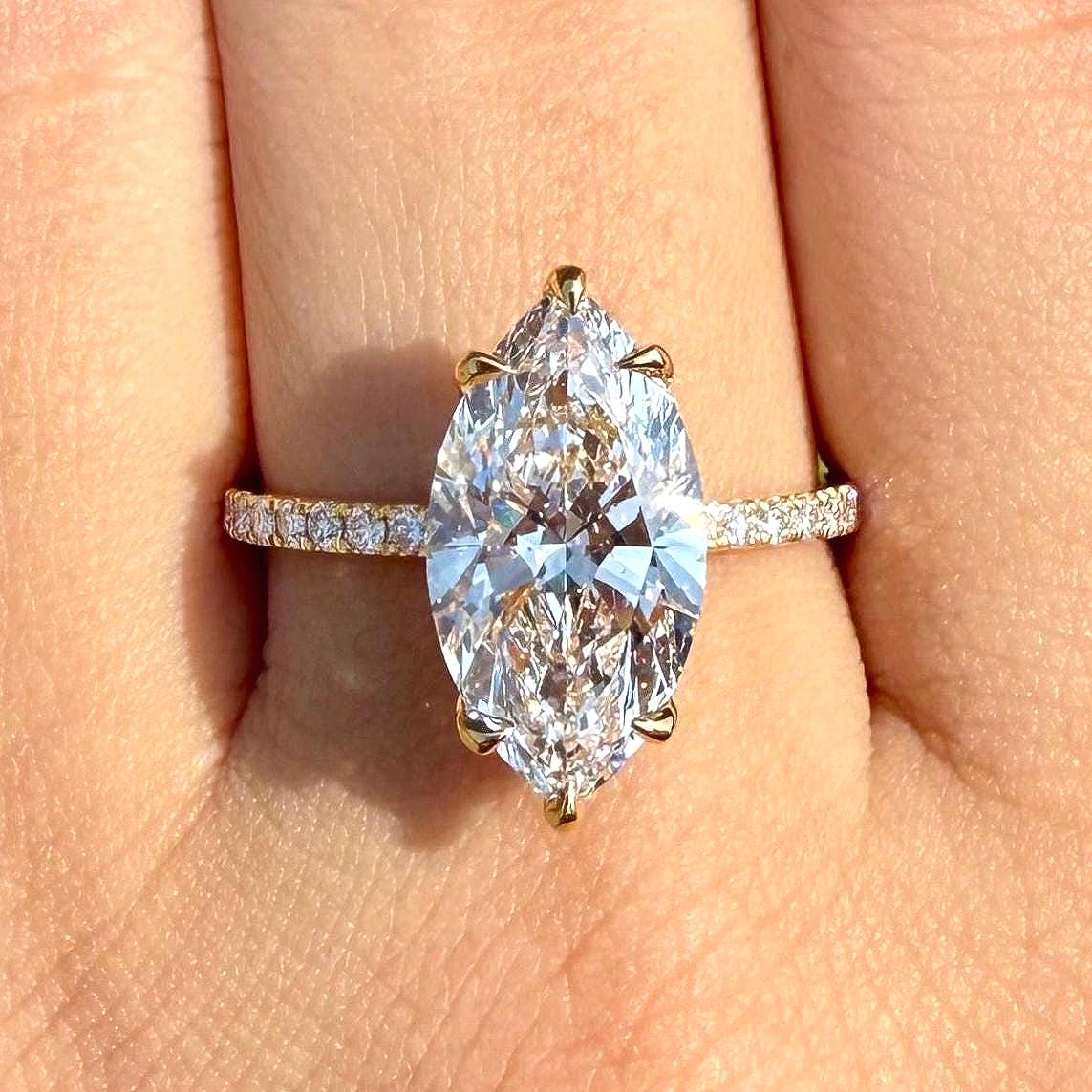 4.60CTW Marquise Lab Grown Diamond Engagement Ring | Hidden Halo Pave Band 14K Gold