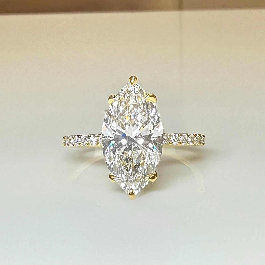 4.60CTW Marquise Lab Grown Diamond Engagement Ring | Hidden Halo Pave Band 14K Gold