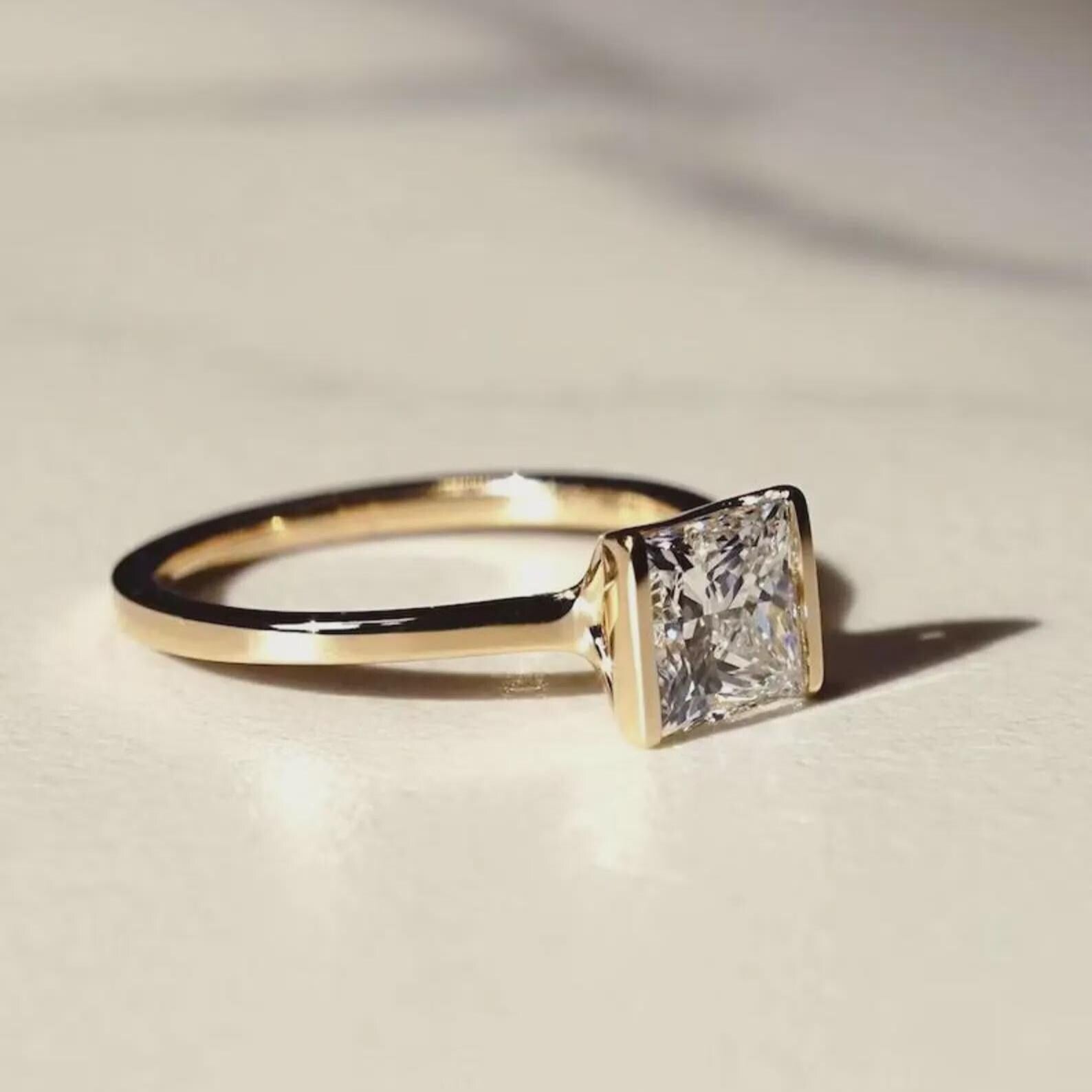 1.5CT Princess Cut Lab Diamond Engagement Ring | 14K Gold Half Bezel Solitaire | IGI Certified