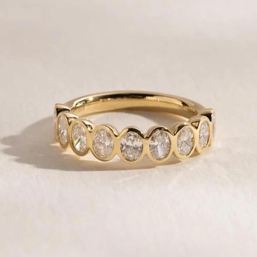 1.35CTW Oval Lab Grown Diamond Wedding Band | 9 Stone Bezel Set Gold Anniversary Ring