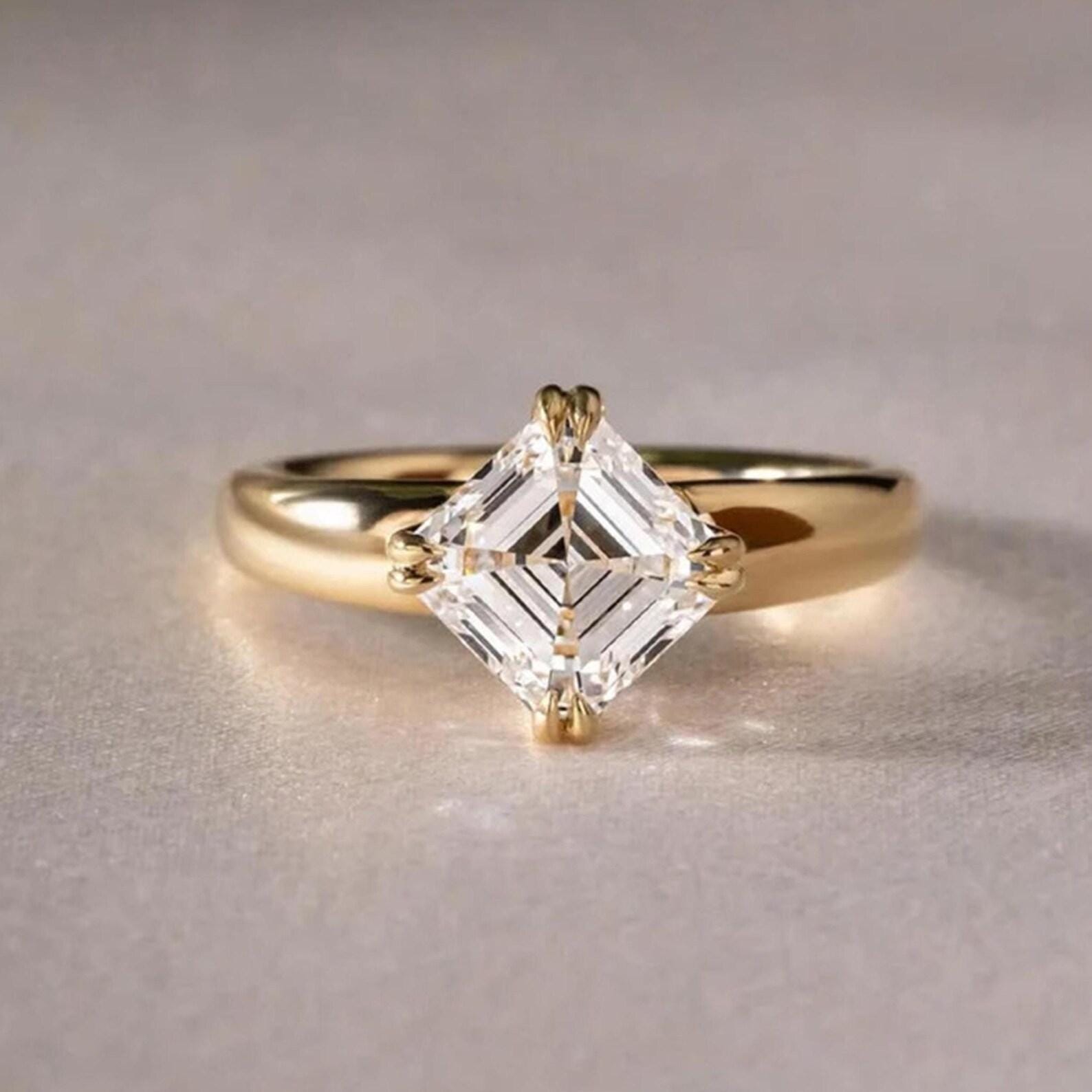 2CT Asscher Cut Lab Diamond Engagement Ring | 14K Gold Solitaire Ring | IGI Certified