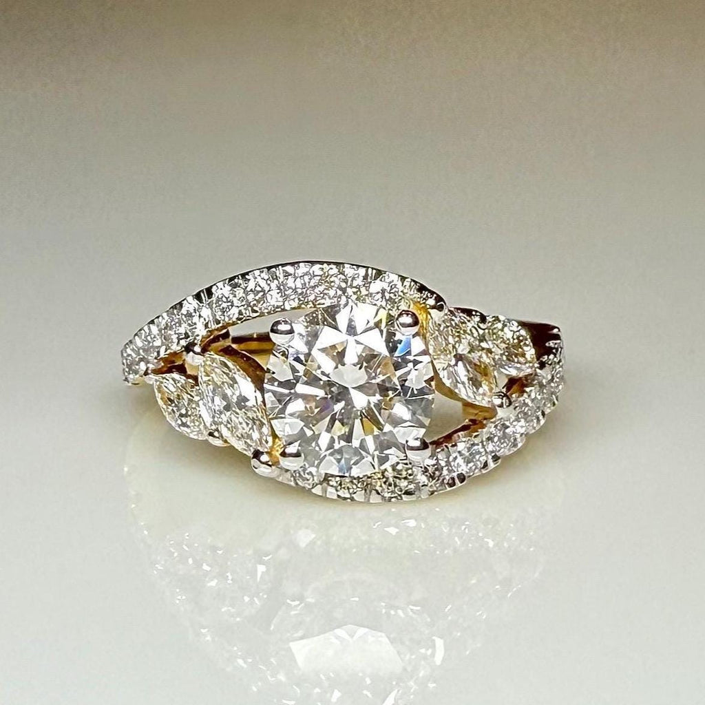 1.60CTW Lab Grown Diamond Engagement Ring | Round Center, Marquise Side Stones | 14K Gold