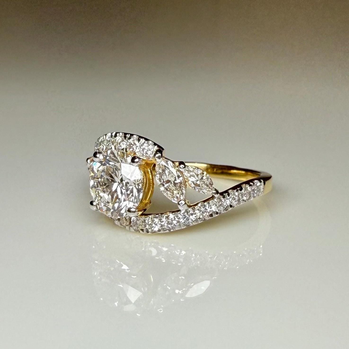 1.60CTW Lab Grown Diamond Engagement Ring | Round Center, Marquise Side Stones | 14K Gold