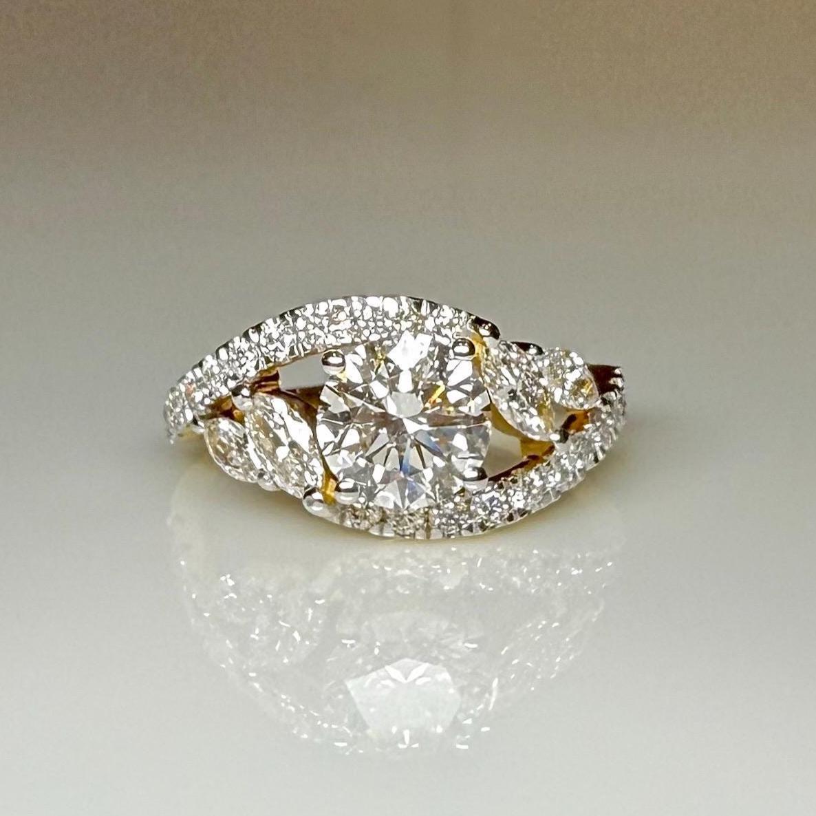 1.60CTW Lab Grown Diamond Engagement Ring | Round Center, Marquise Side Stones | 14K Gold