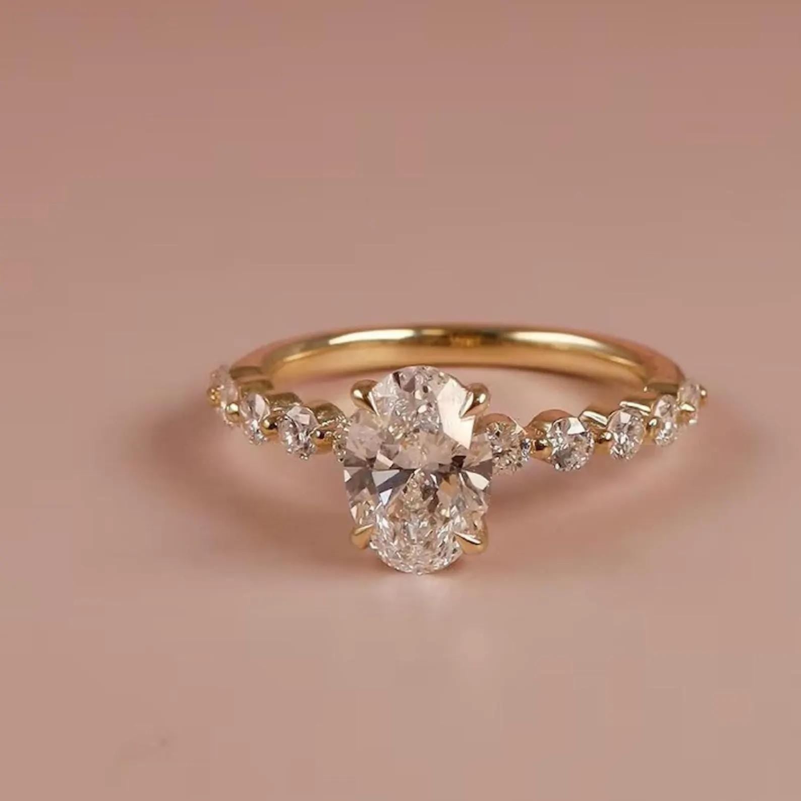 1.50CTW Oval Lab Grown Diamond Engagement Ring | IGI Certified Center | 14K Gold Beaded Band