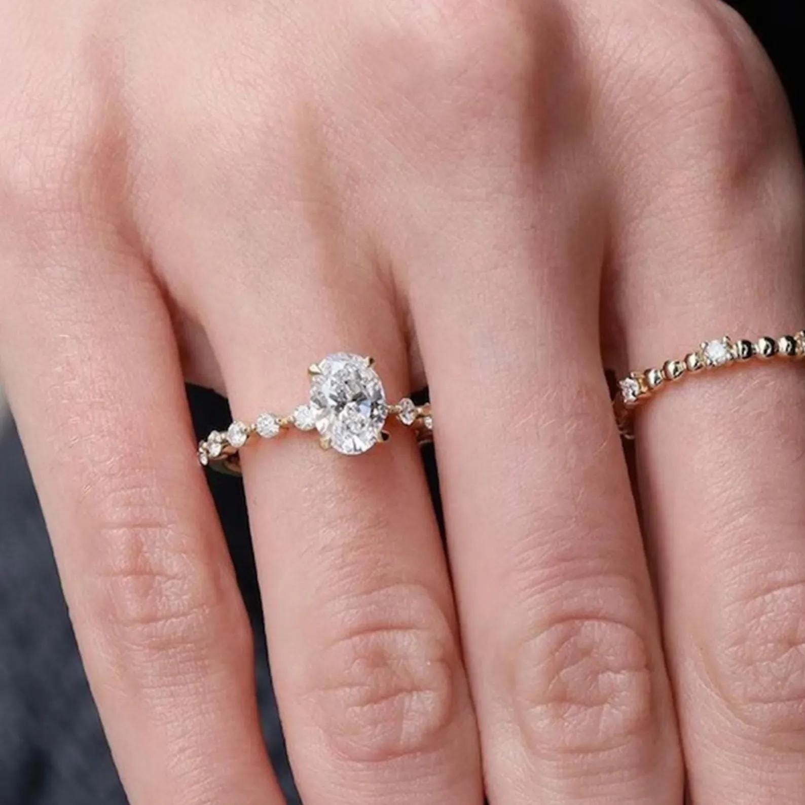 1.50CTW Oval Lab Grown Diamond Engagement Ring | IGI Certified Center | 14K Gold Beaded Band