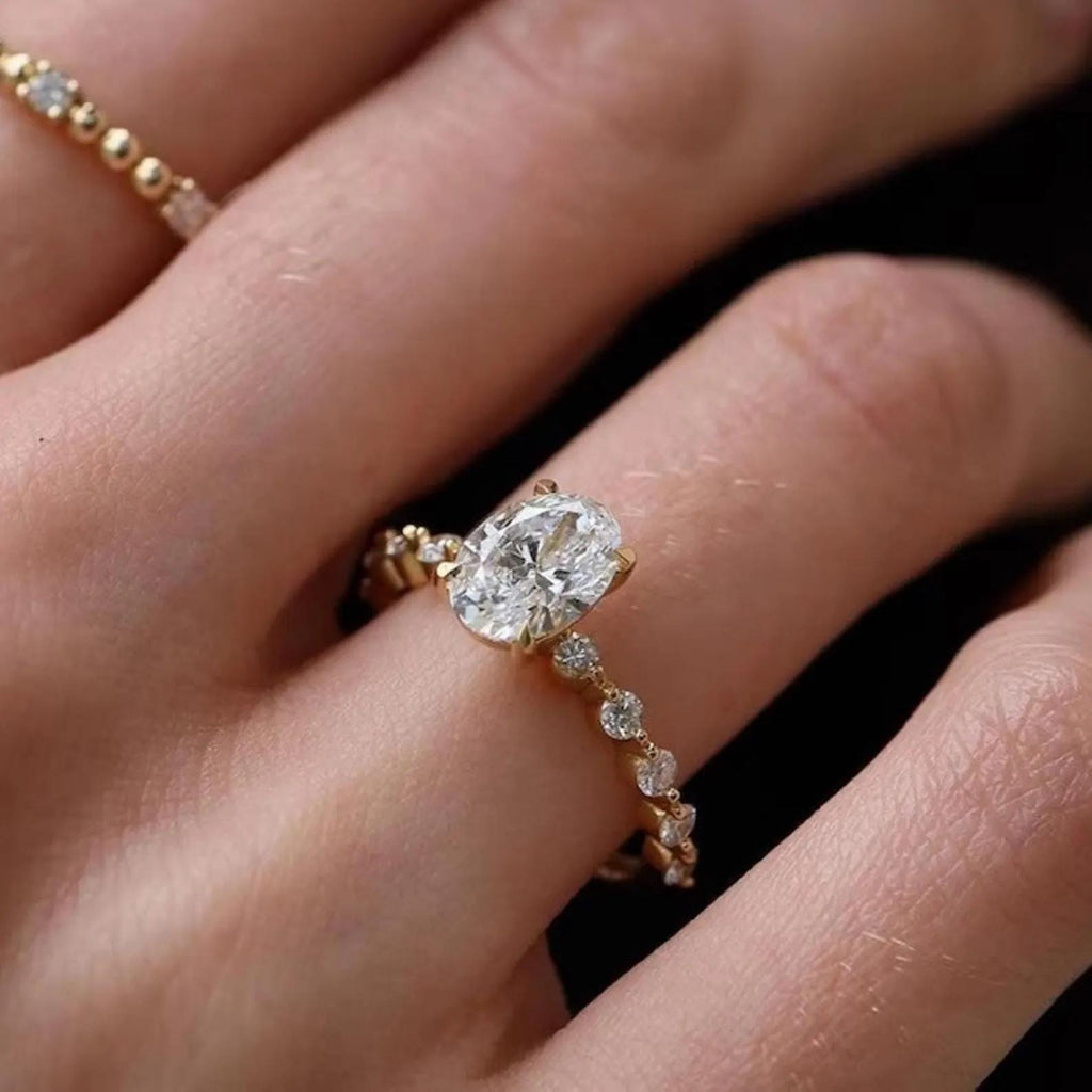 1.50CTW Oval Lab Grown Diamond Engagement Ring | IGI Certified Center | 14K Gold Beaded Band