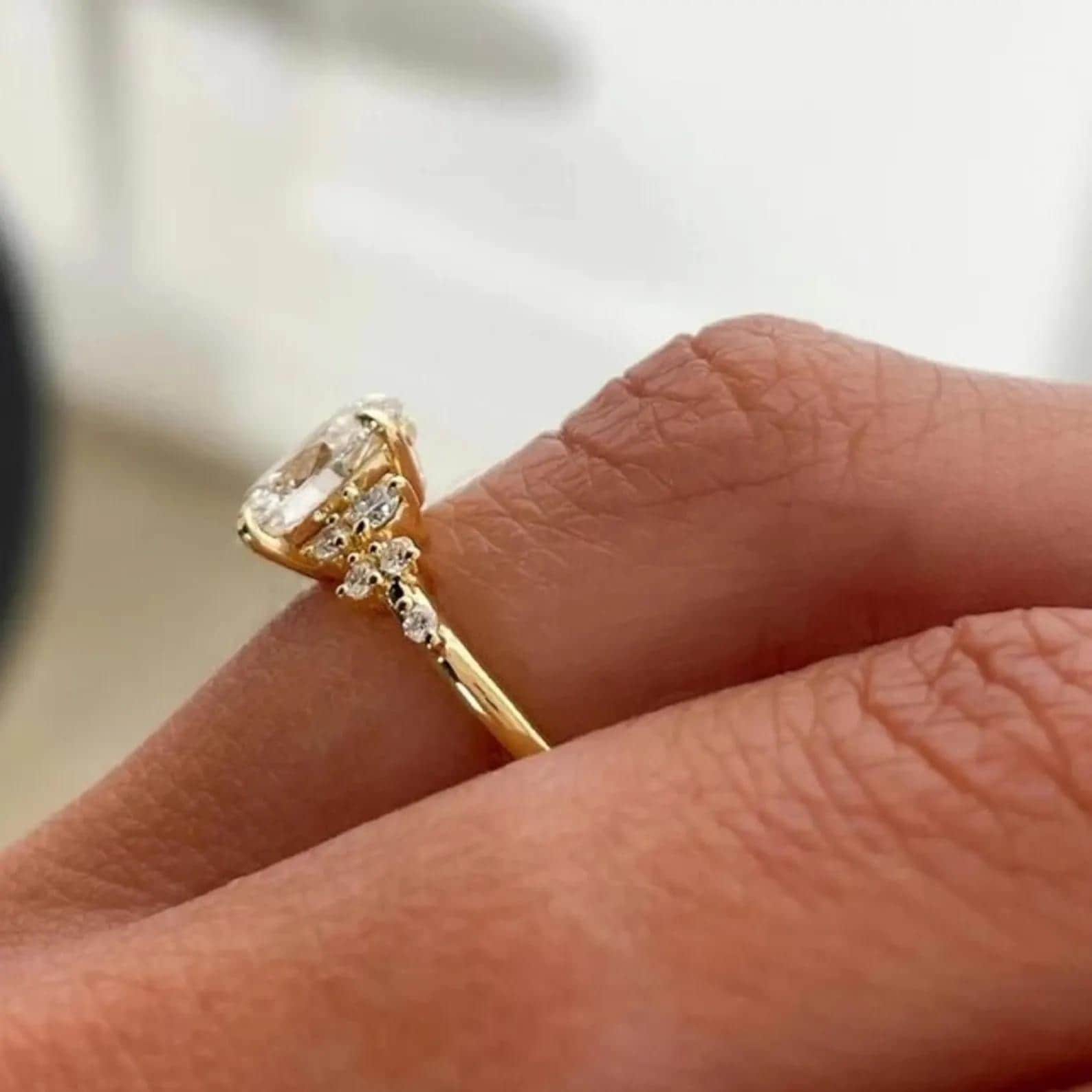 Oval Lab Grown Diamond Engagement Ring | Floral Side Stones | 14K Gold | IGI Certified