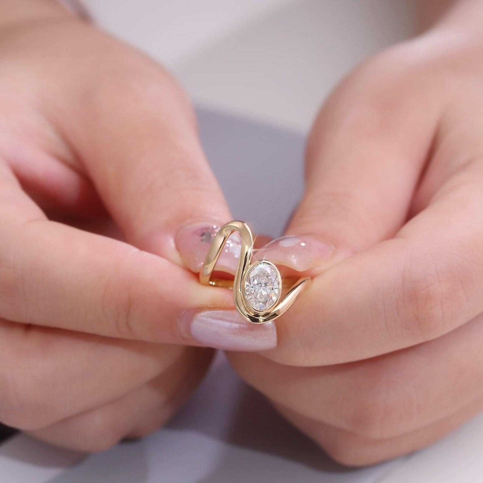 Oval Lab Diamond Swirl Engagement Ring | 14K Solid Gold Bezel Set, IGI Certified